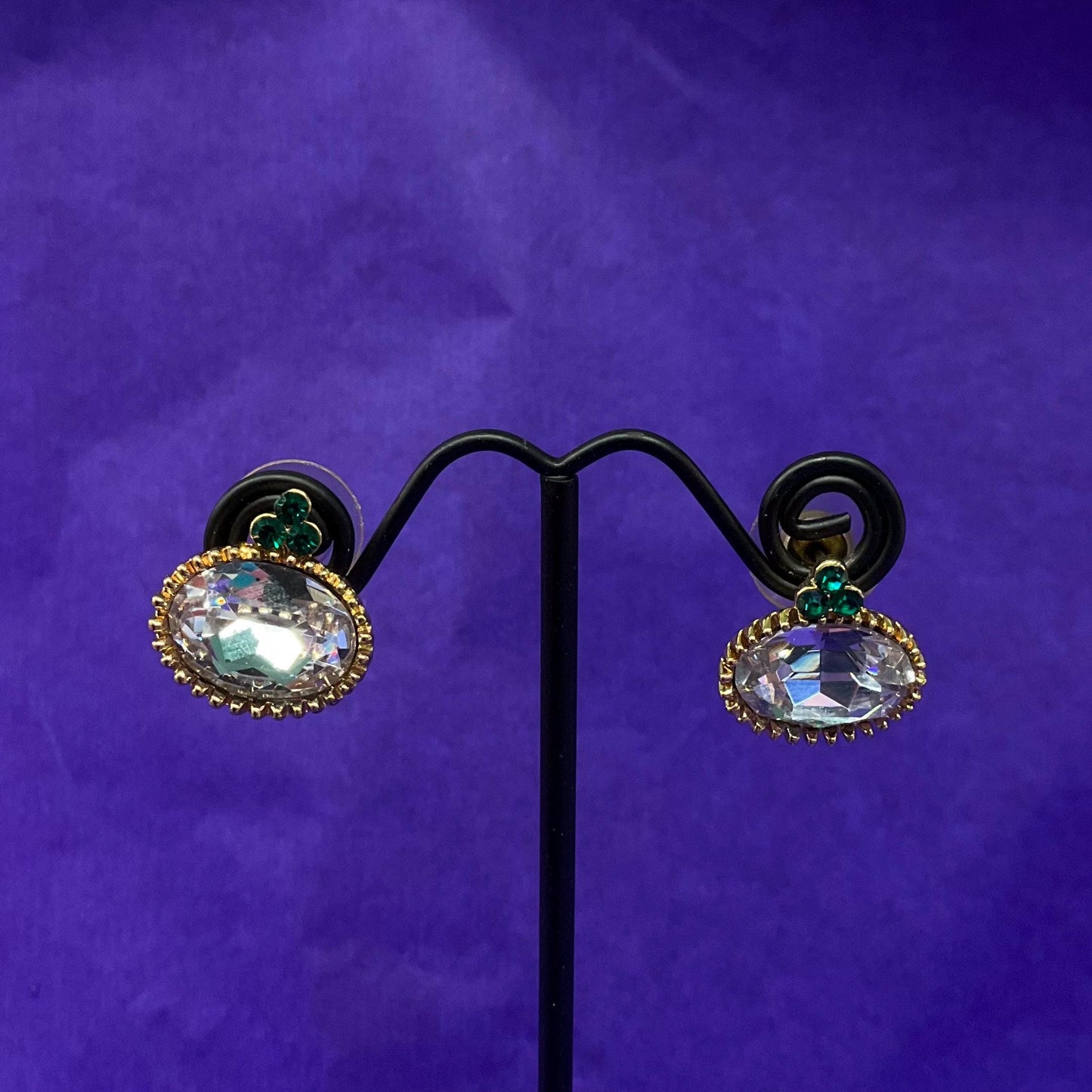 Vintage Butler and Wilson Lilac and Green Crystal stud Earrings, Gold tone with faceted oval crystals and rhinestones