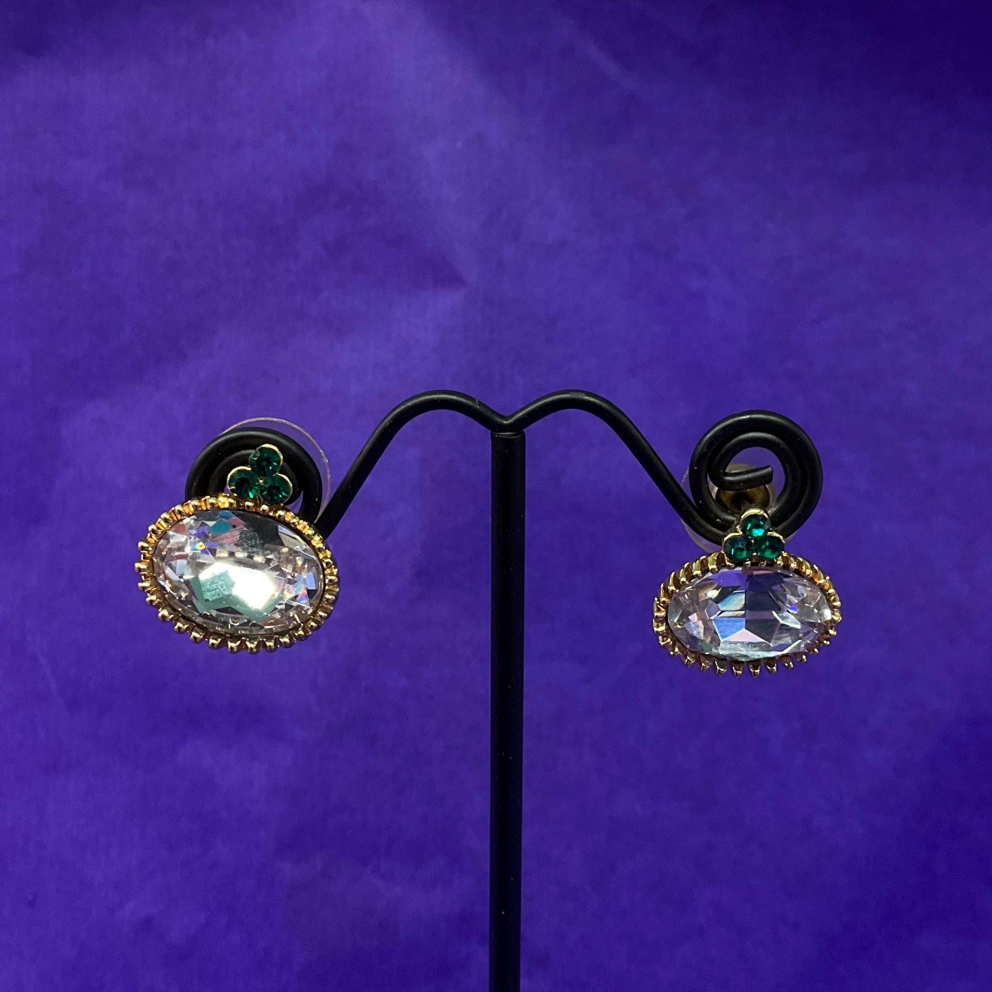 Vintage Butler and Wilson Lilac and Green Crystal stud Earrings, Gold tone with faceted oval crystals and rhinestones