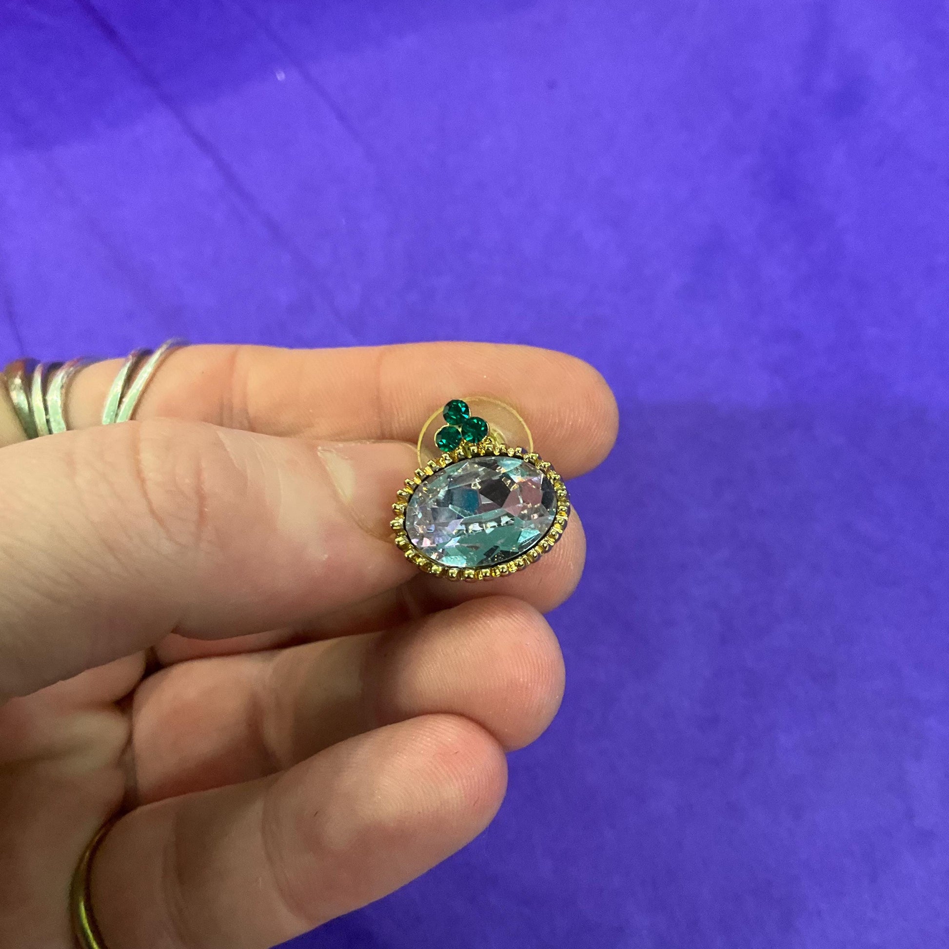 Vintage Butler and Wilson Lilac and Green Crystal stud Earrings, Gold tone with faceted oval crystals and rhinestones
