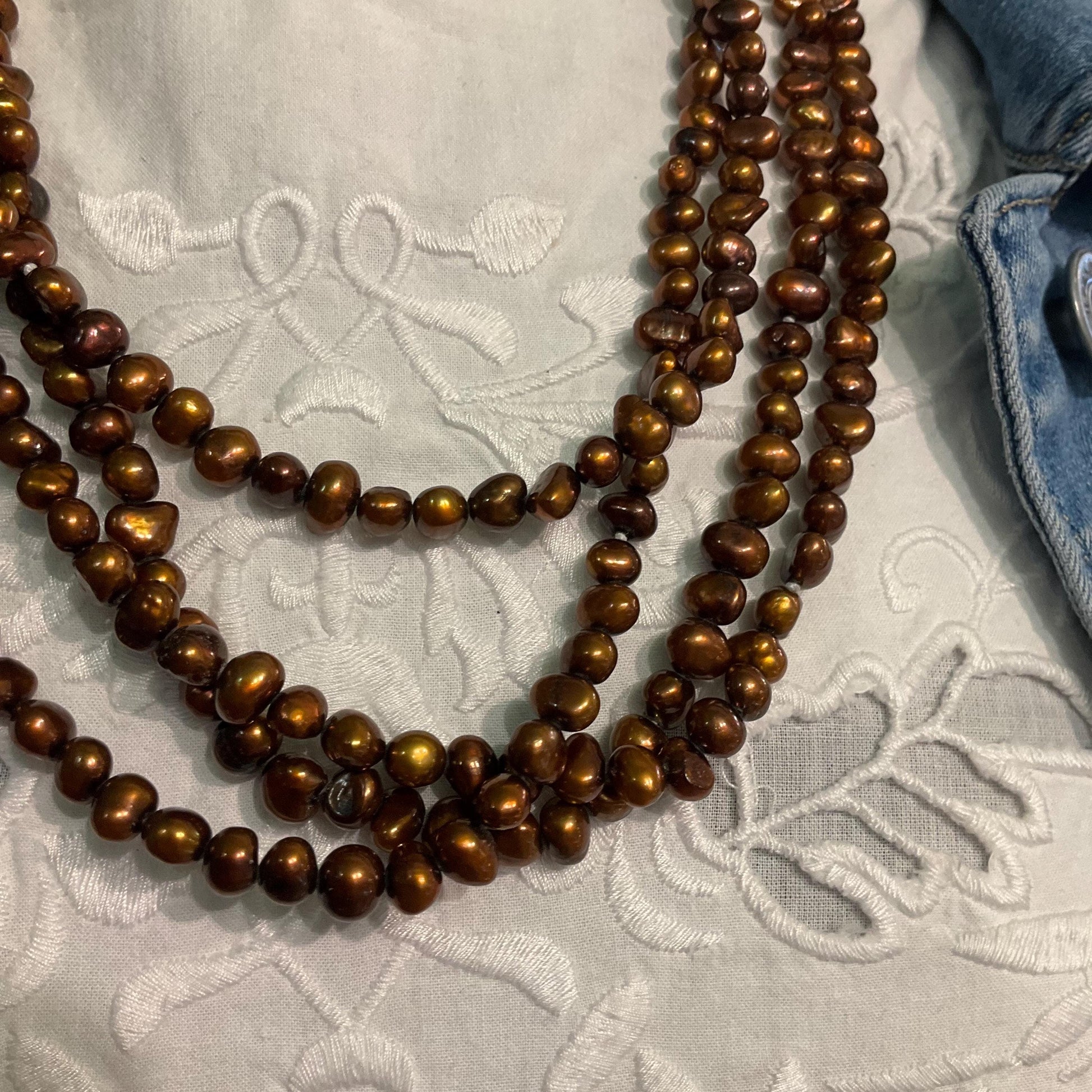 Vintage Ultra Long Flapper Length Copper/ Bronze Fresh Water Pearl Necklace.
