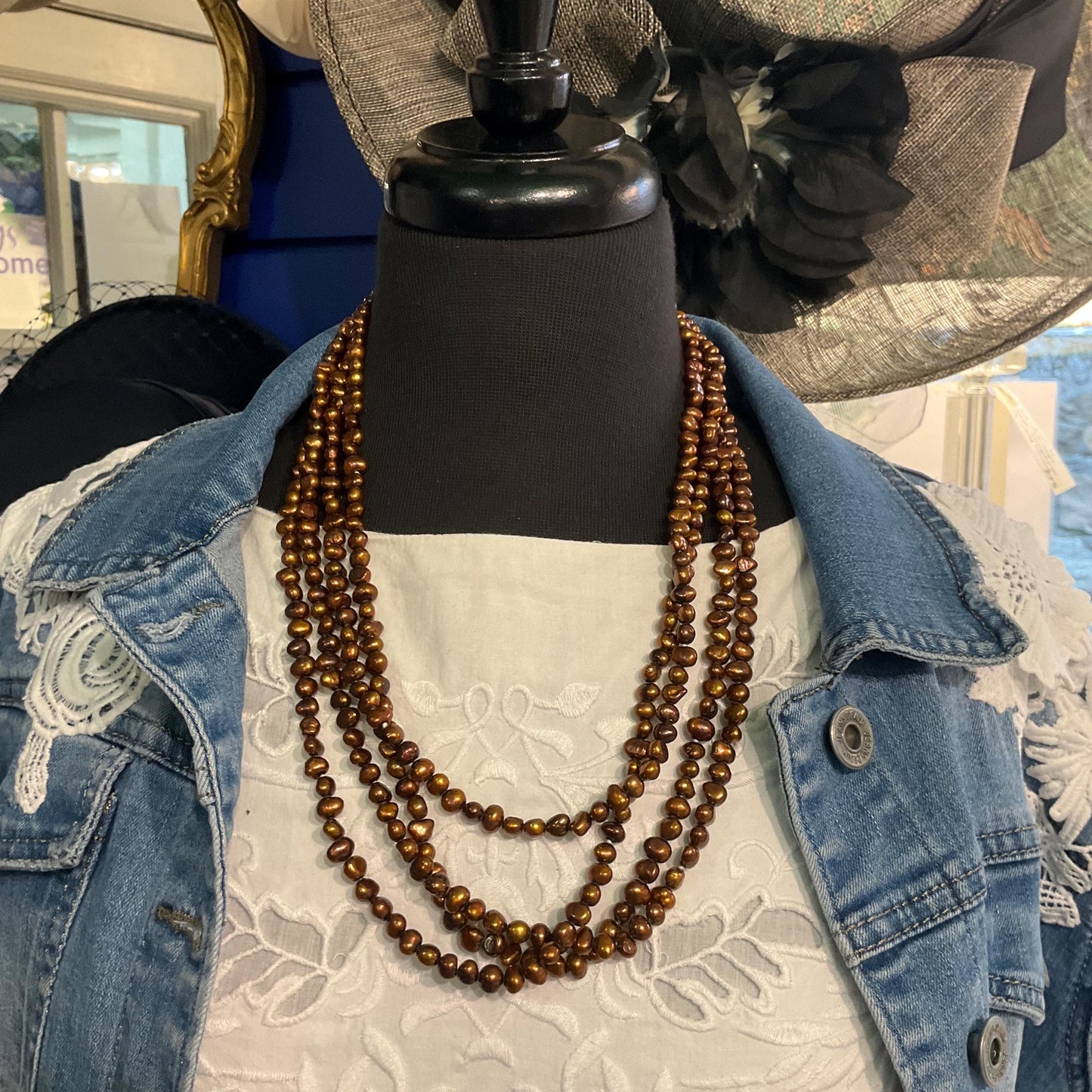 Vintage Ultra Long Flapper Length Copper/ Bronze Fresh Water Pearl Necklace.