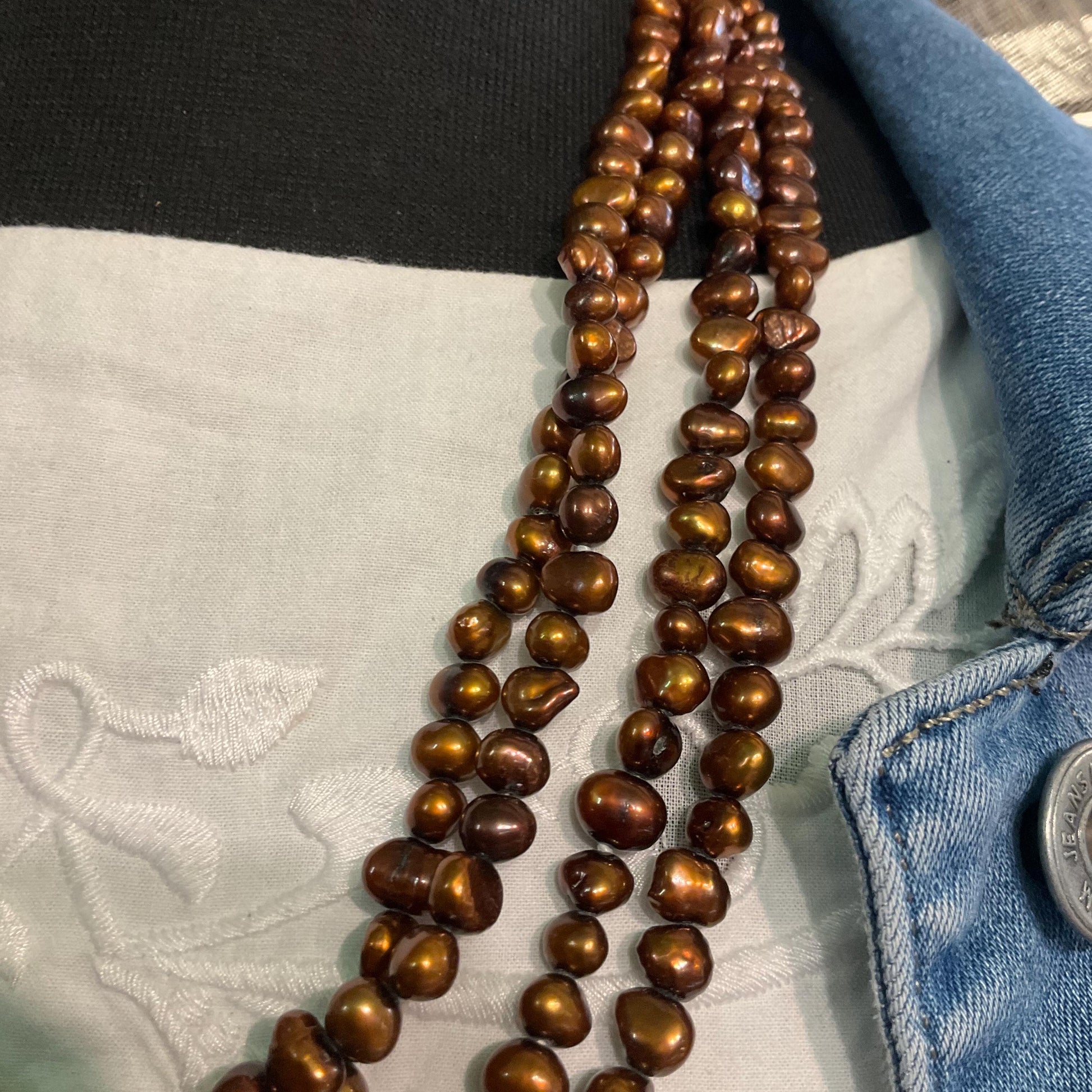 Vintage Ultra Long Flapper Length Copper/ Bronze Fresh Water Pearl Necklace.