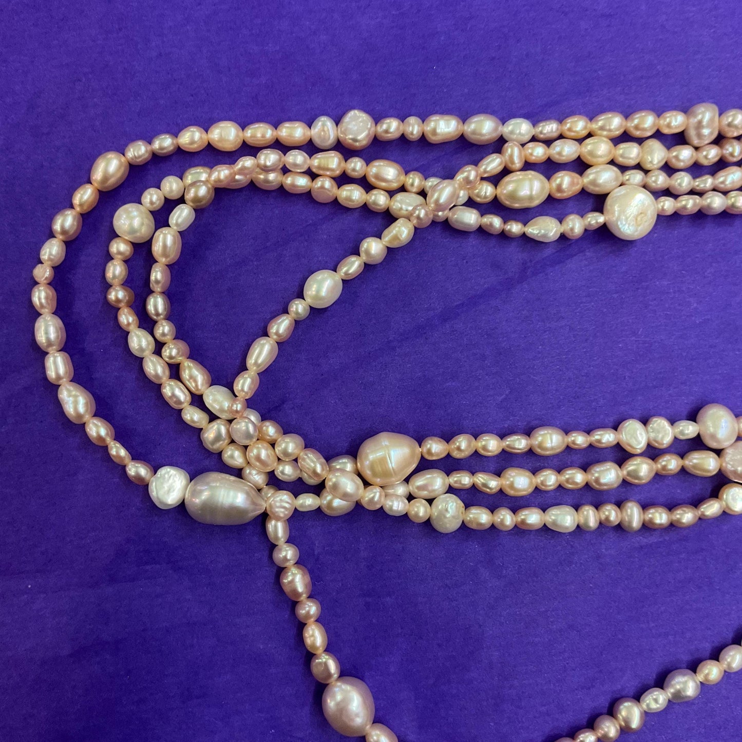 Vintage Fresh Water Pearl Flapper Length Pale Pink/ Oyster Beads , organic rice shaped and circular pearls