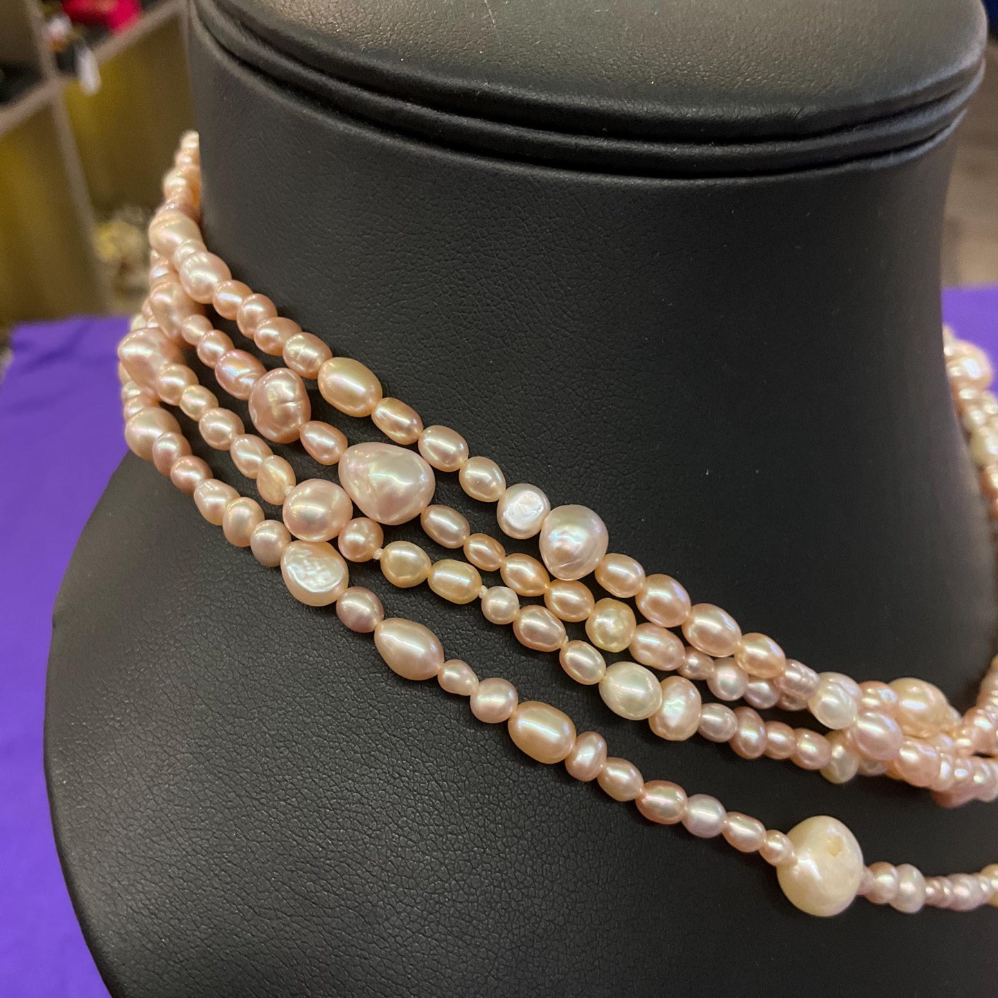 Vintage Fresh Water Pearl Flapper Length Pale Pink/ Oyster Beads , organic rice shaped and circular pearls