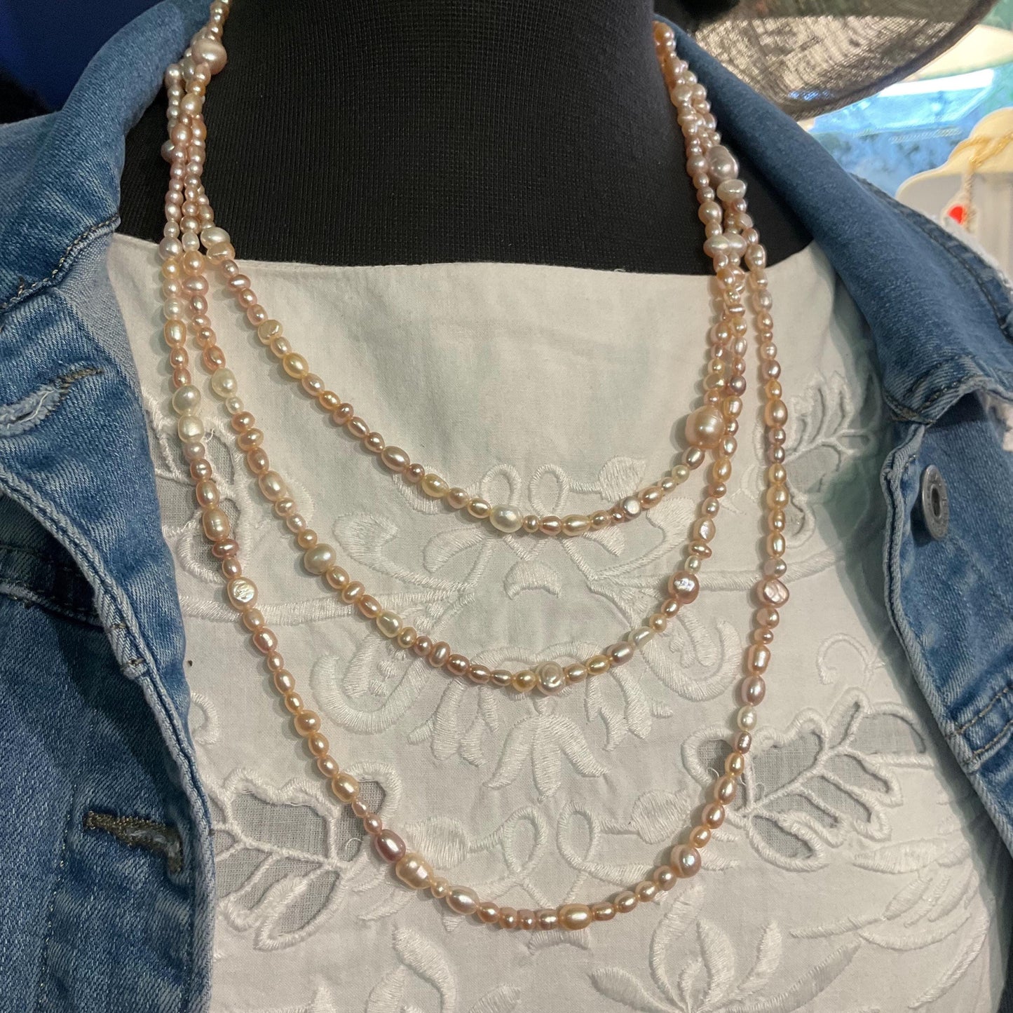 Vintage Fresh Water Pearl Flapper Length Pale Pink/ Oyster Beads , organic rice shaped and circular pearls