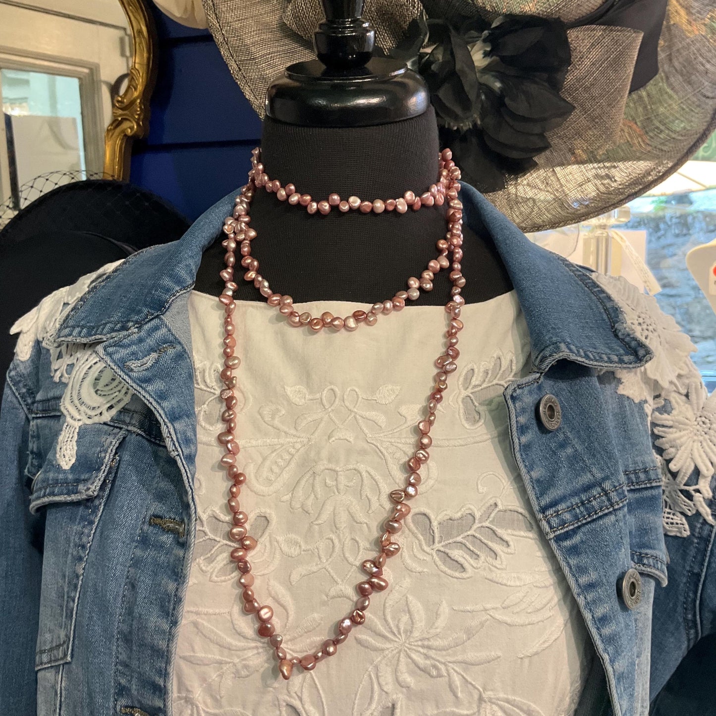 Vintage Flapper Length Pink Fresh Water Pearl Necklace , organic nugget shaped pearls