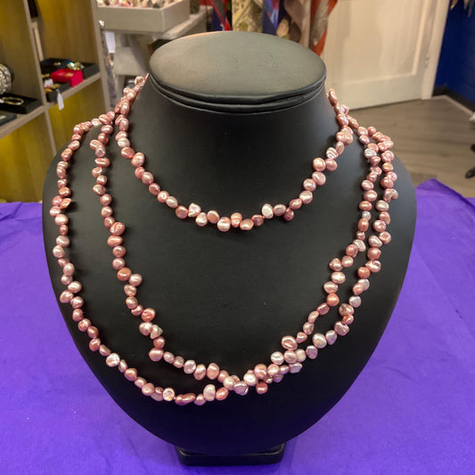Vintage Flapper Length Pink Fresh Water Pearl Necklace , organic nugget shaped pearls