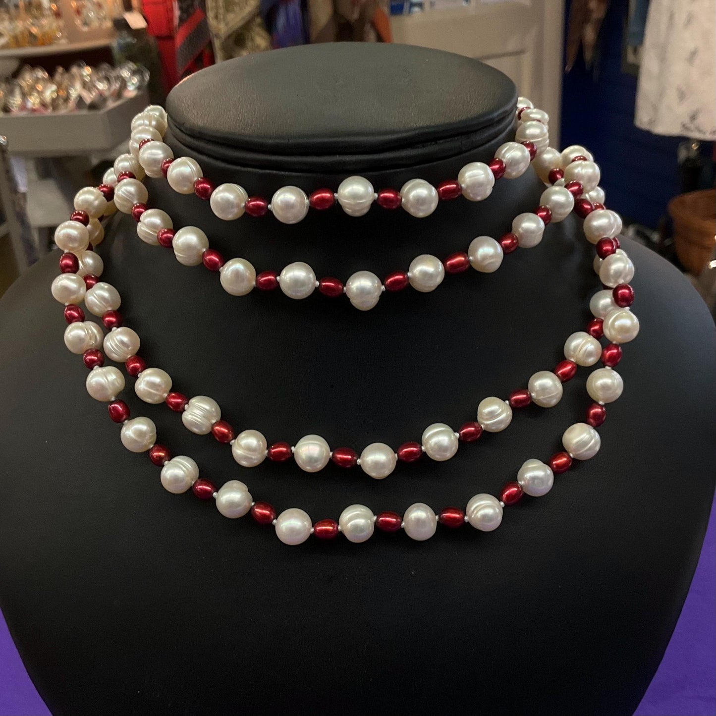 Vintage Flapper Length Fresh Water Pearl Necklace, large Ivory circular pearls and red rice pearls