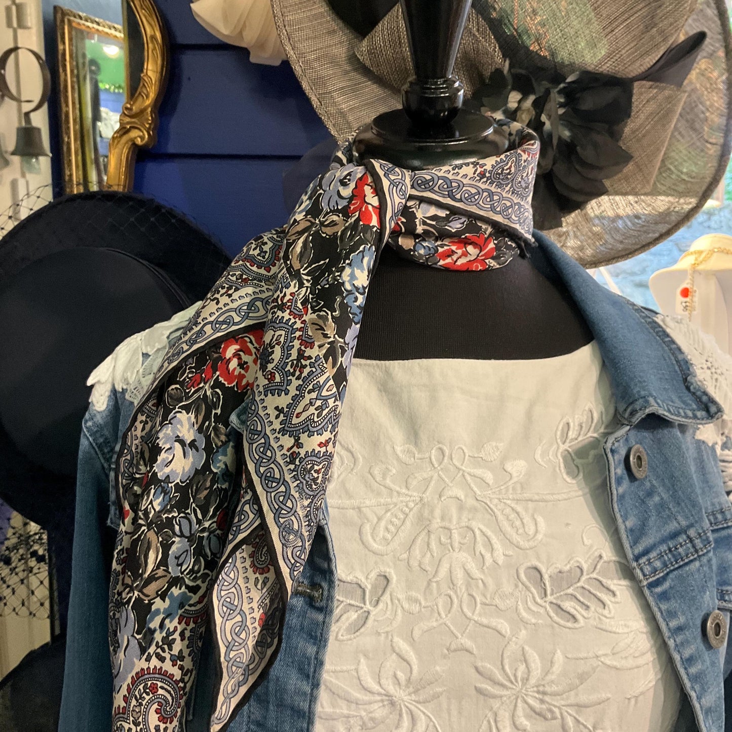 Vintage 1970s/80s LIBERTY OF LONDON Pure Silk Floral Scarf, Shades of Red, blue, beige and black