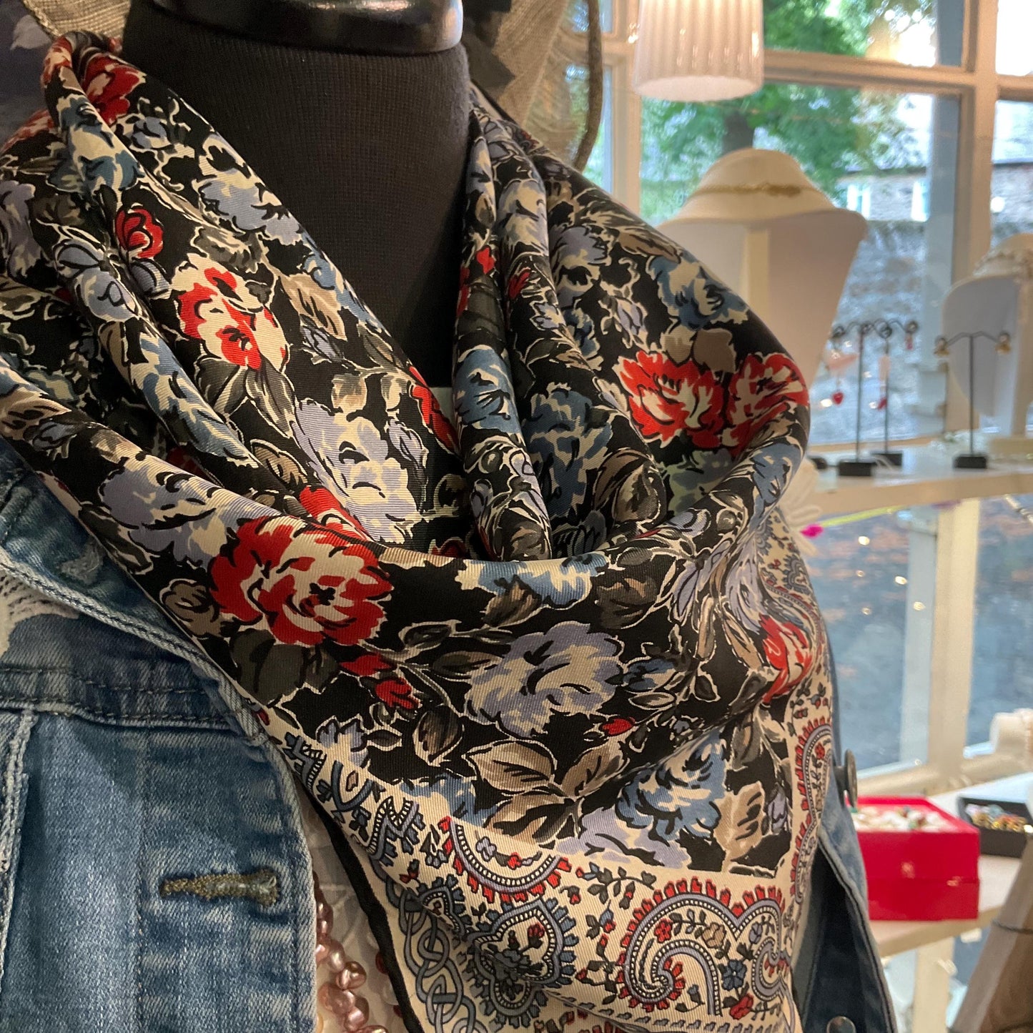 Vintage 1970s/80s LIBERTY OF LONDON Pure Silk Floral Scarf, Shades of Red, blue, beige and black