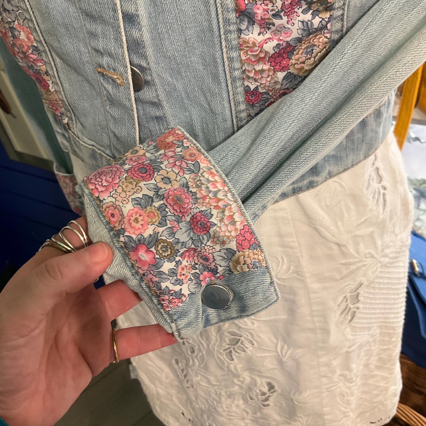 Up- cycled Unique Vintage Cropped Denim Jacked with Liberty ‘ Elysian Day’ Fabric, size UK 10/12