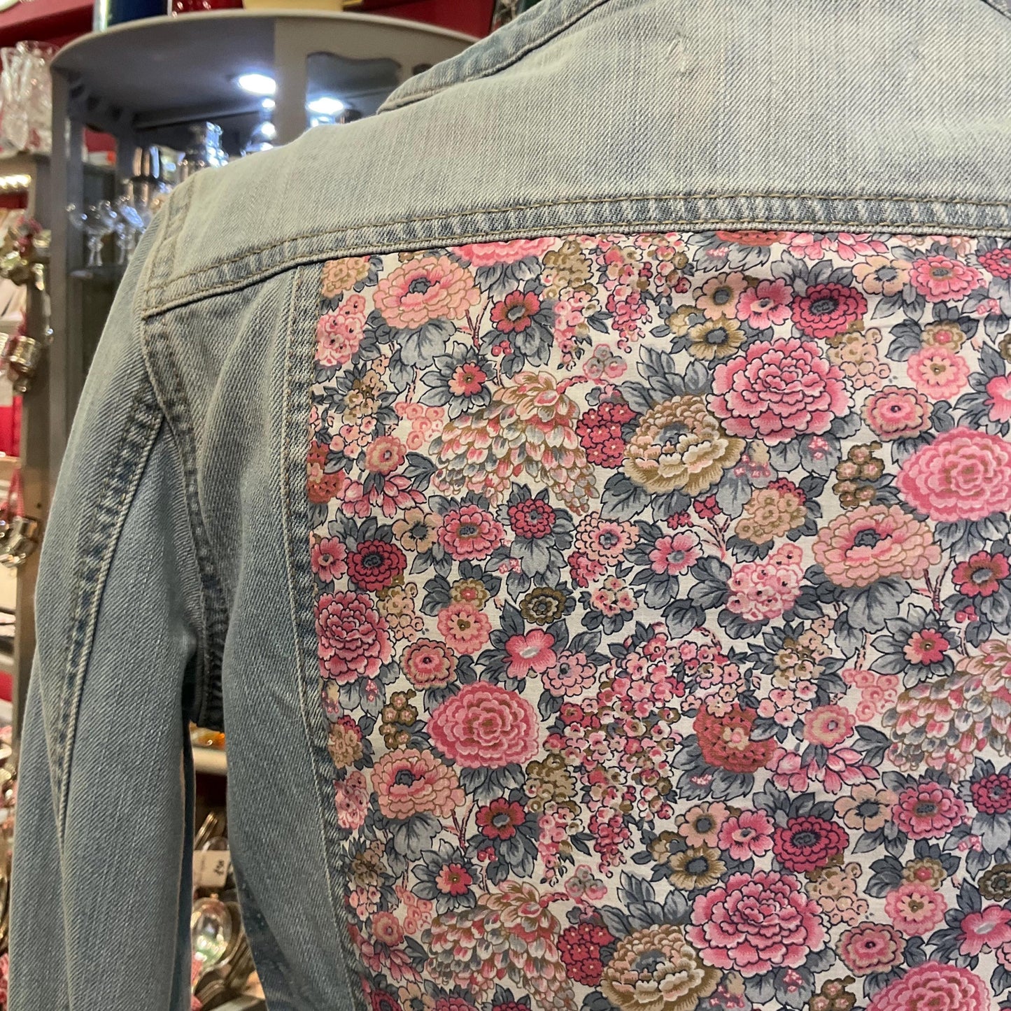 Up- cycled Unique Vintage Cropped Denim Jacked with Liberty ‘ Elysian Day’ Fabric, size UK 10/12