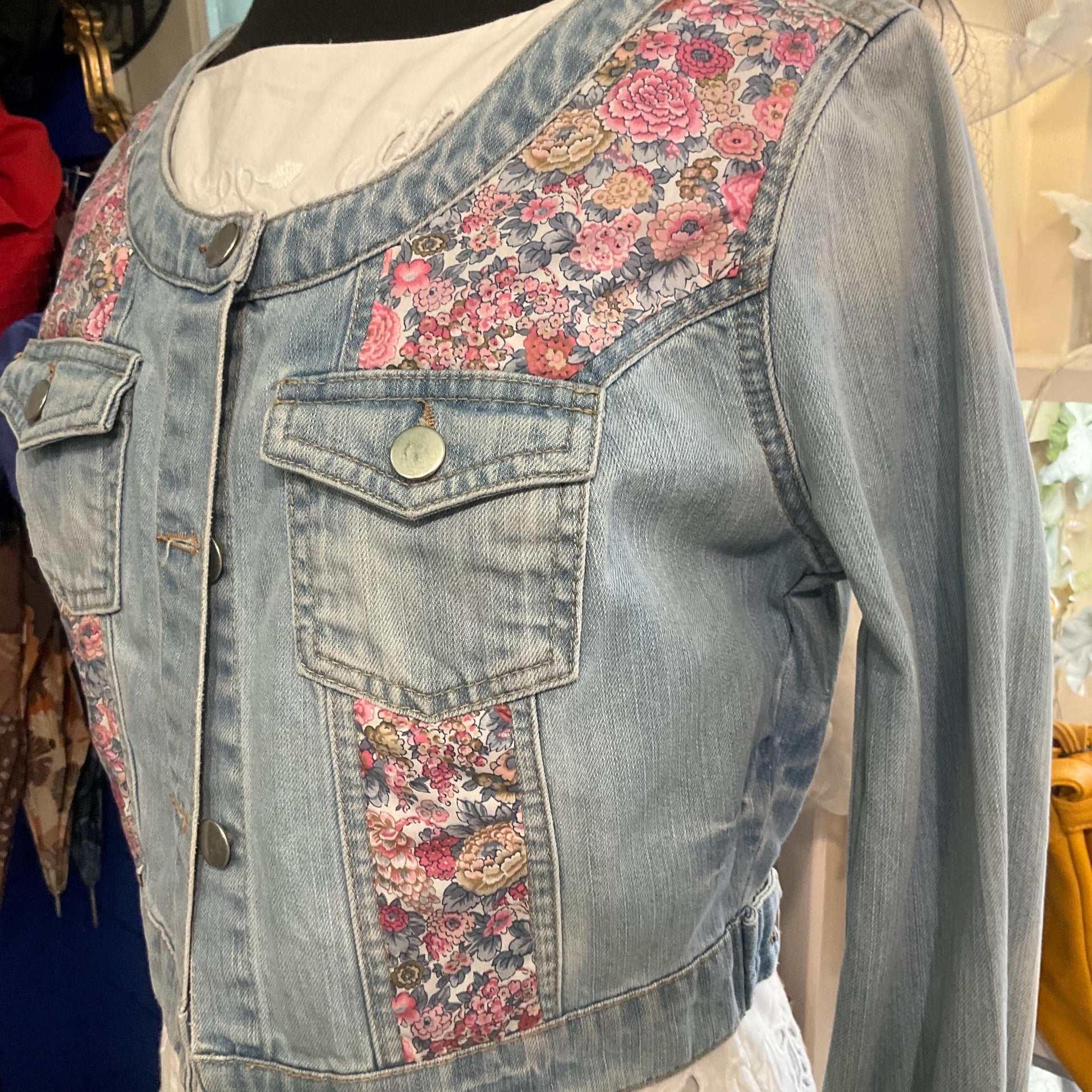 Up- cycled Unique Vintage Cropped Denim Jacked with Liberty ‘ Elysian Day’ Fabric, size UK 10/12
