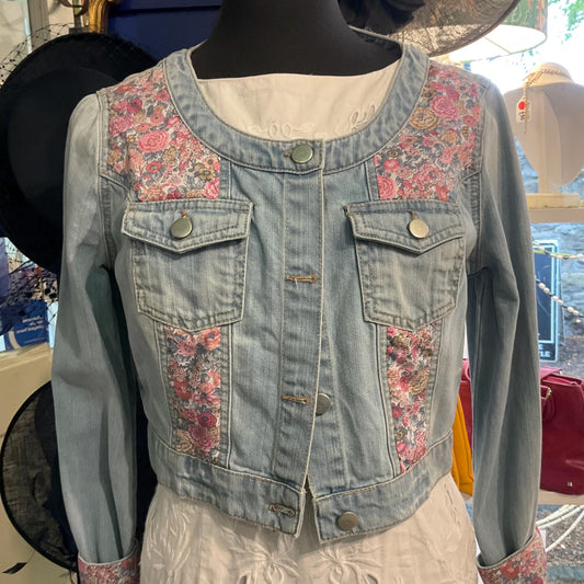 Up- cycled Unique Vintage Cropped Denim Jacked with Liberty ‘ Elysian Day’ Fabric, size UK 10/12
