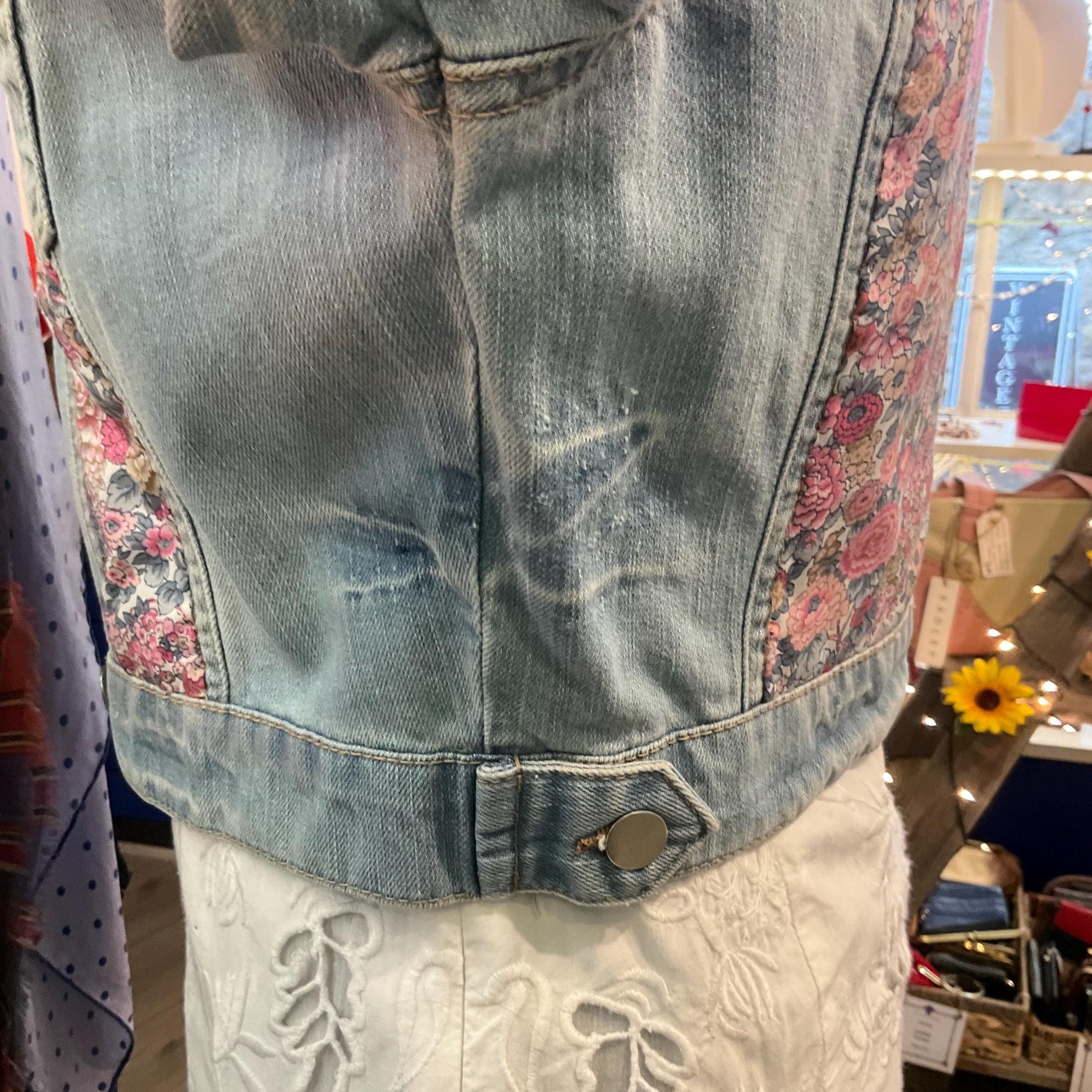 Up- cycled Unique Vintage Cropped Denim Jacked with Liberty ‘ Elysian Day’ Fabric, size UK 10/12