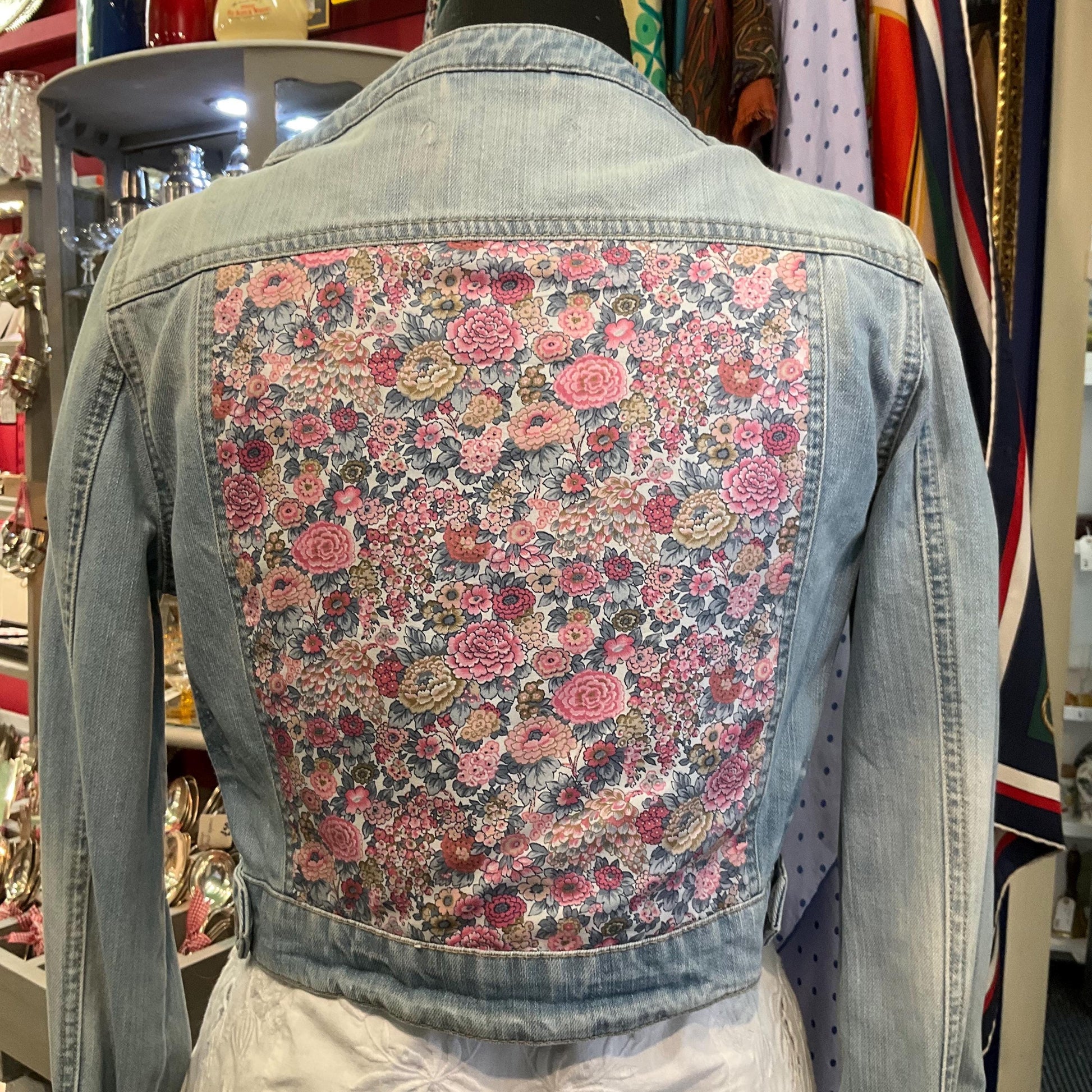 Up- cycled Unique Vintage Cropped Denim Jacked with Liberty ‘ Elysian Day’ Fabric, size UK 10/12