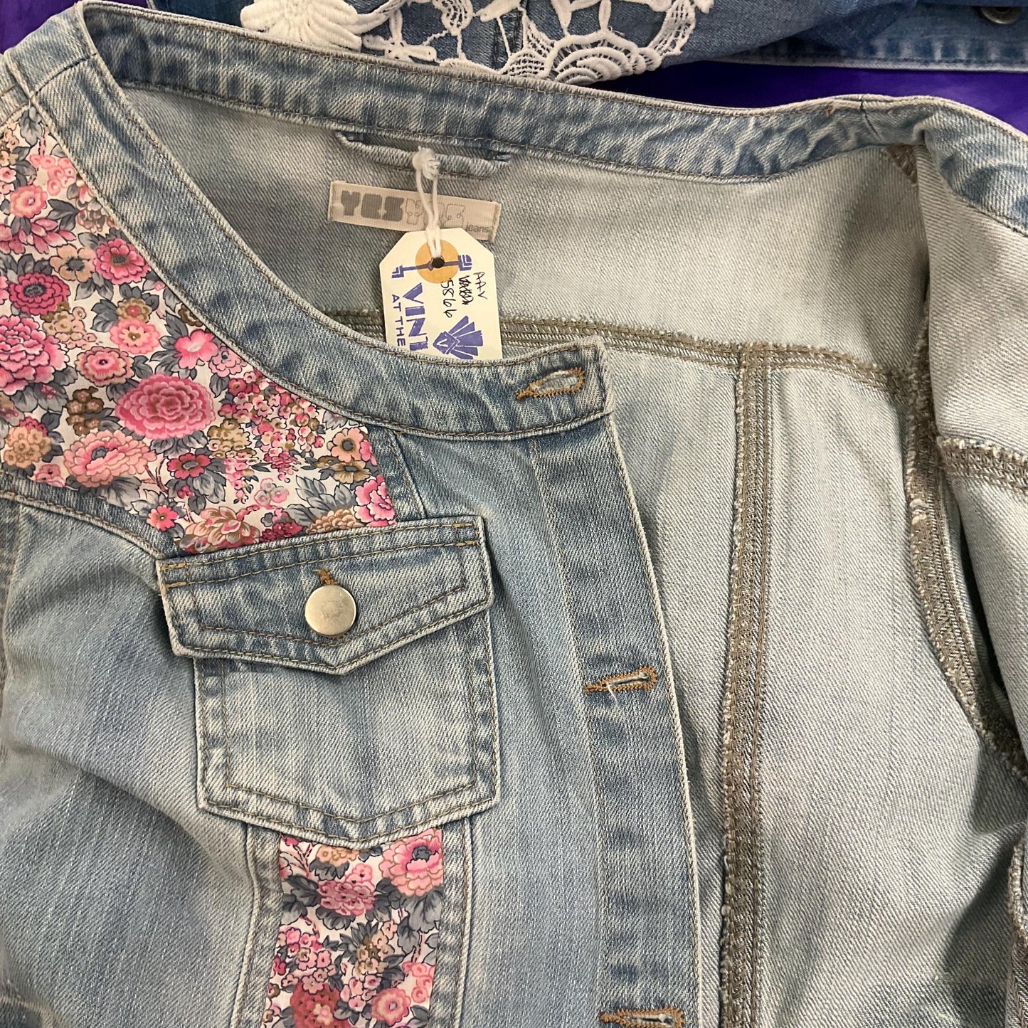 Up- cycled Unique Vintage Cropped Denim Jacked with Liberty ‘ Elysian Day’ Fabric, size UK 10/12