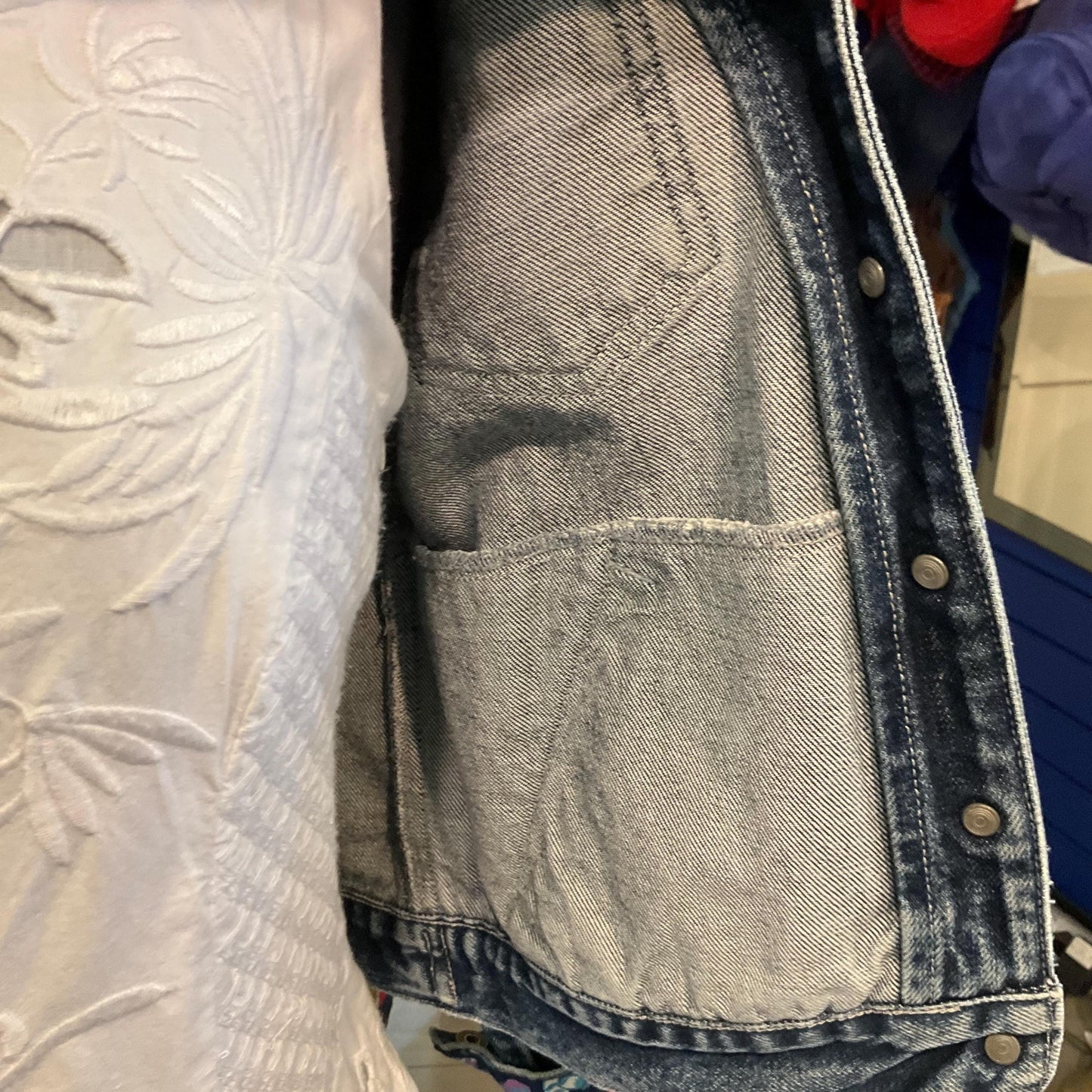 Up-cycled Unique Pre loved Denim Jacket with 1970s Liberty Pansy Fabric, size UK 10/12