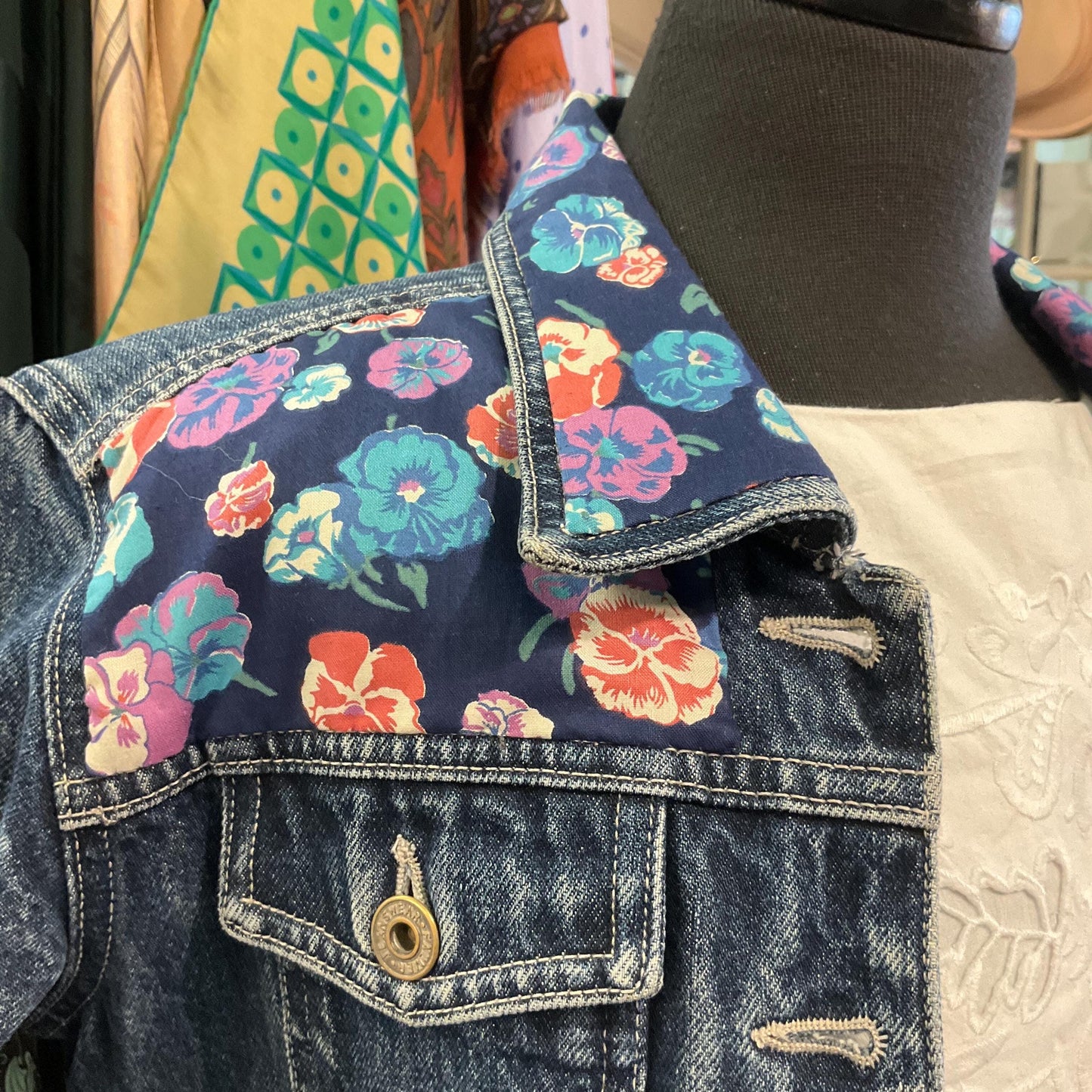 Up-cycled Unique Pre loved Denim Jacket with 1970s Liberty Pansy Fabric, size UK 10/12