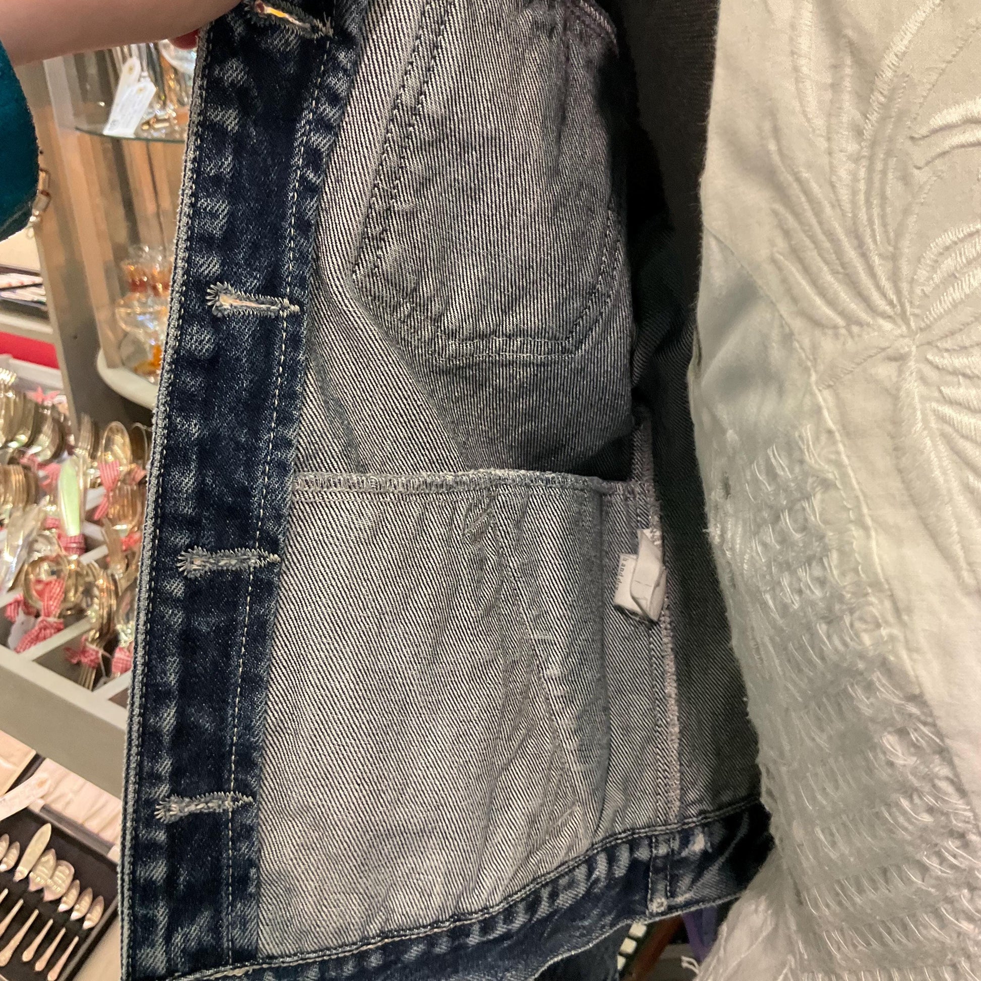 Up-cycled Unique Pre loved Denim Jacket with 1970s Liberty Pansy Fabric, size UK 10/12