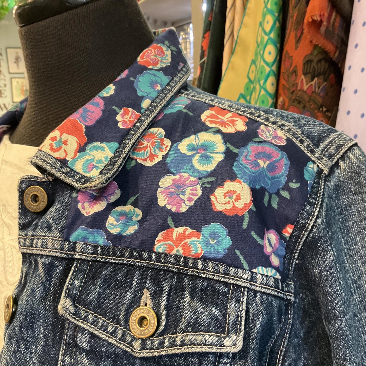 Up-cycled Unique Pre loved Denim Jacket with 1970s Liberty Pansy Fabric, size UK 10/12