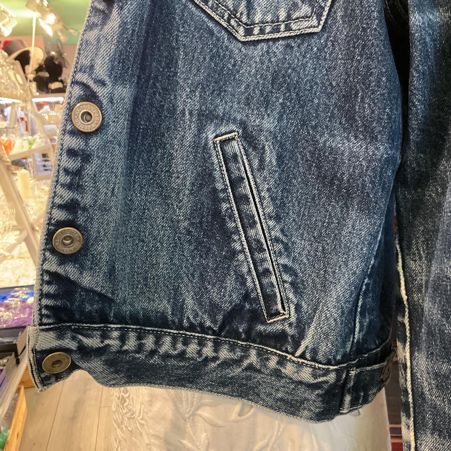 Up-cycled Unique Pre loved Denim Jacket with 1970s Liberty Pansy Fabric, size UK 10/12