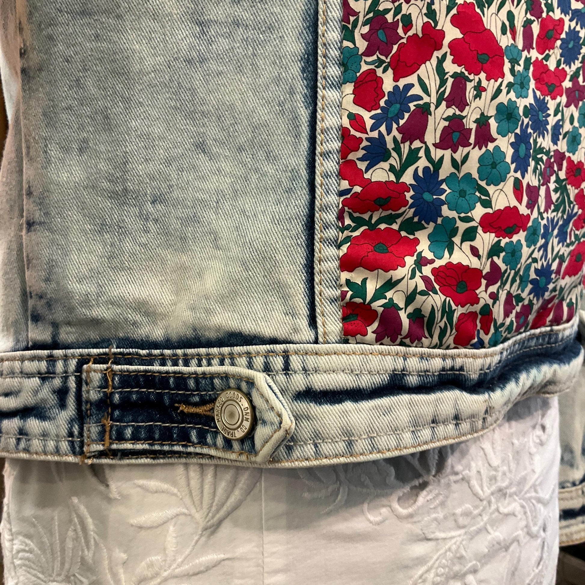 Up- cycled Unique Vintage Distressed Denim Jacket with Liberty’Poppy and Daisy’ Tana Lawn, Size UK 10