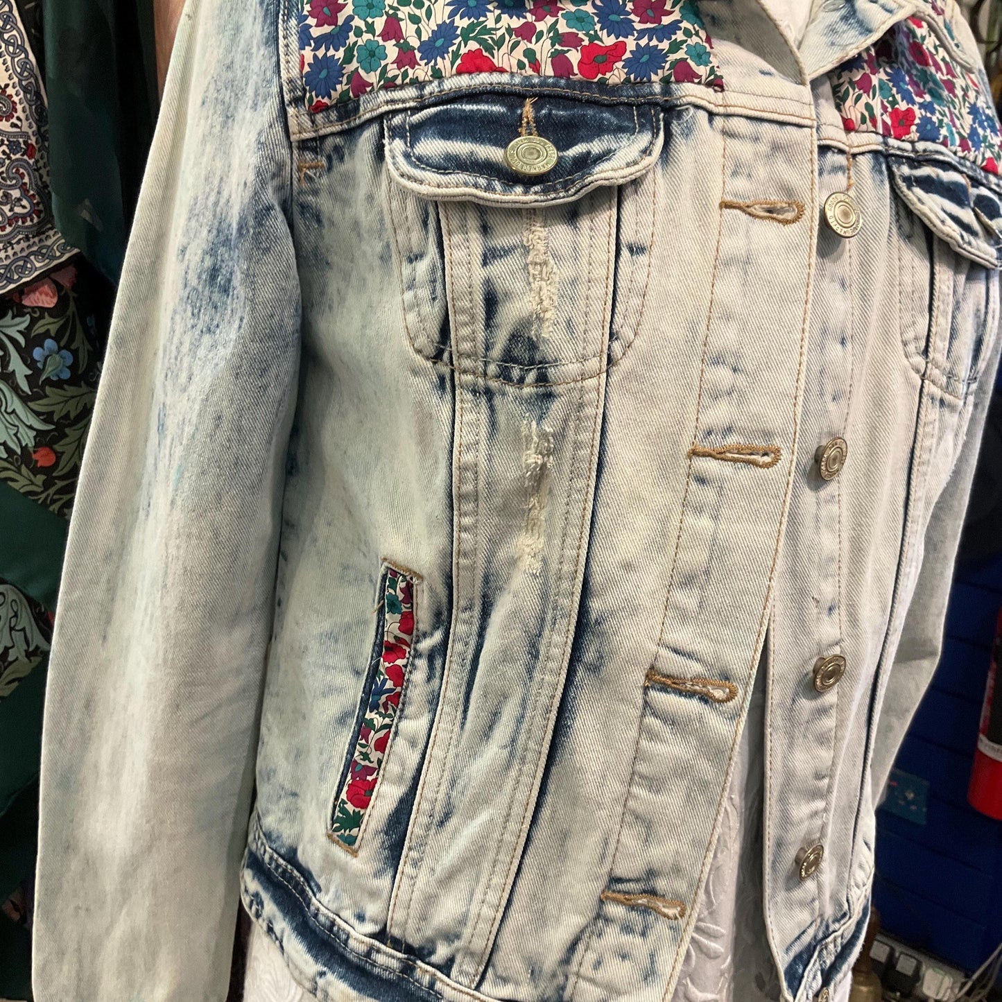 Up- cycled Unique Vintage Distressed Denim Jacket with Liberty’Poppy and Daisy’ Tana Lawn, Size UK 10