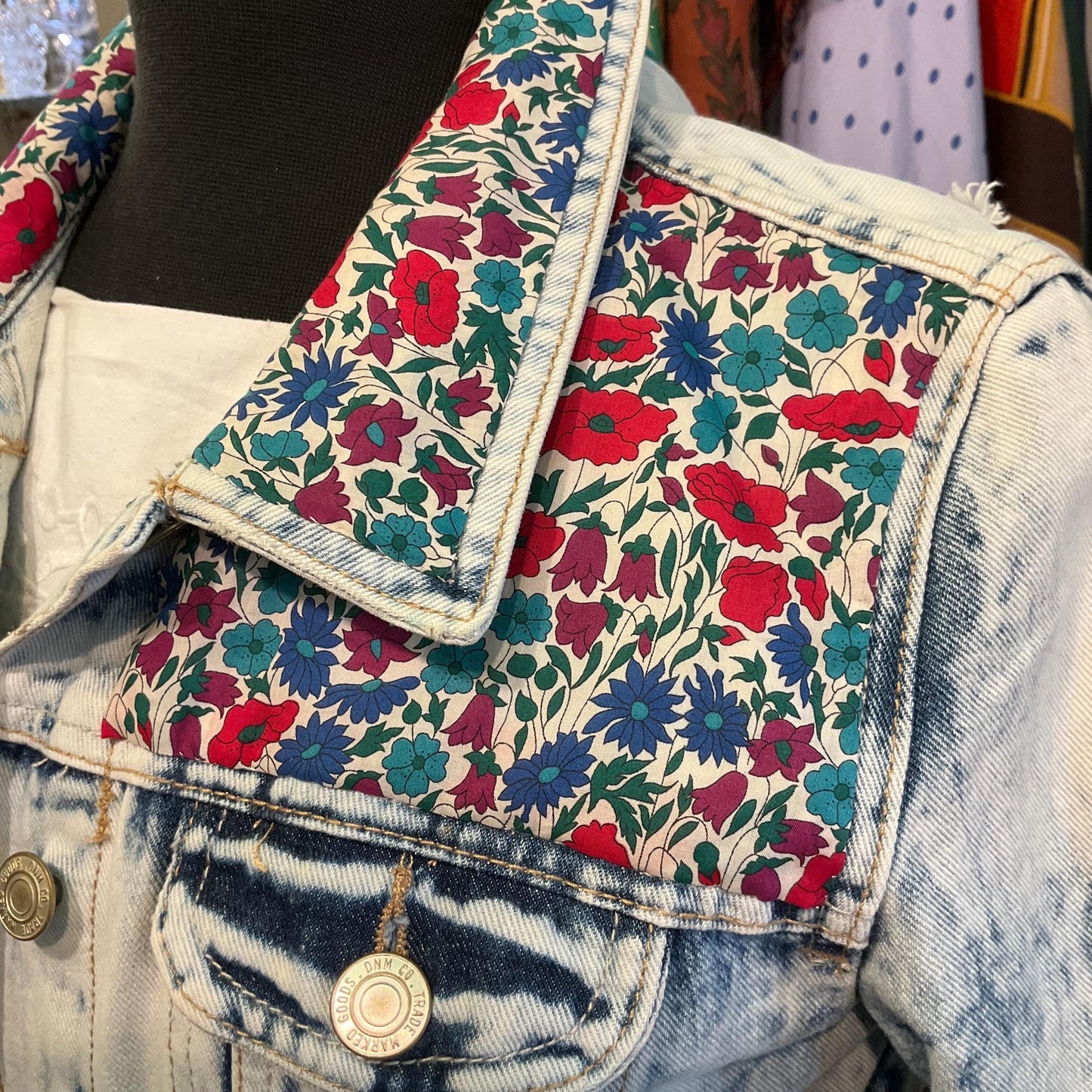 Up- cycled Unique Vintage Distressed Denim Jacket with Liberty’Poppy and Daisy’ Tana Lawn, Size UK 10