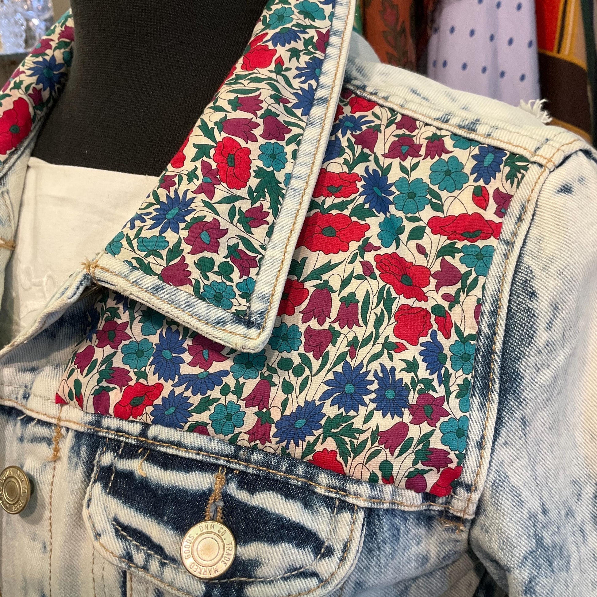 Up- cycled Unique Vintage Distressed Denim Jacket with Liberty’Poppy and Daisy’ Tana Lawn, Size UK 10