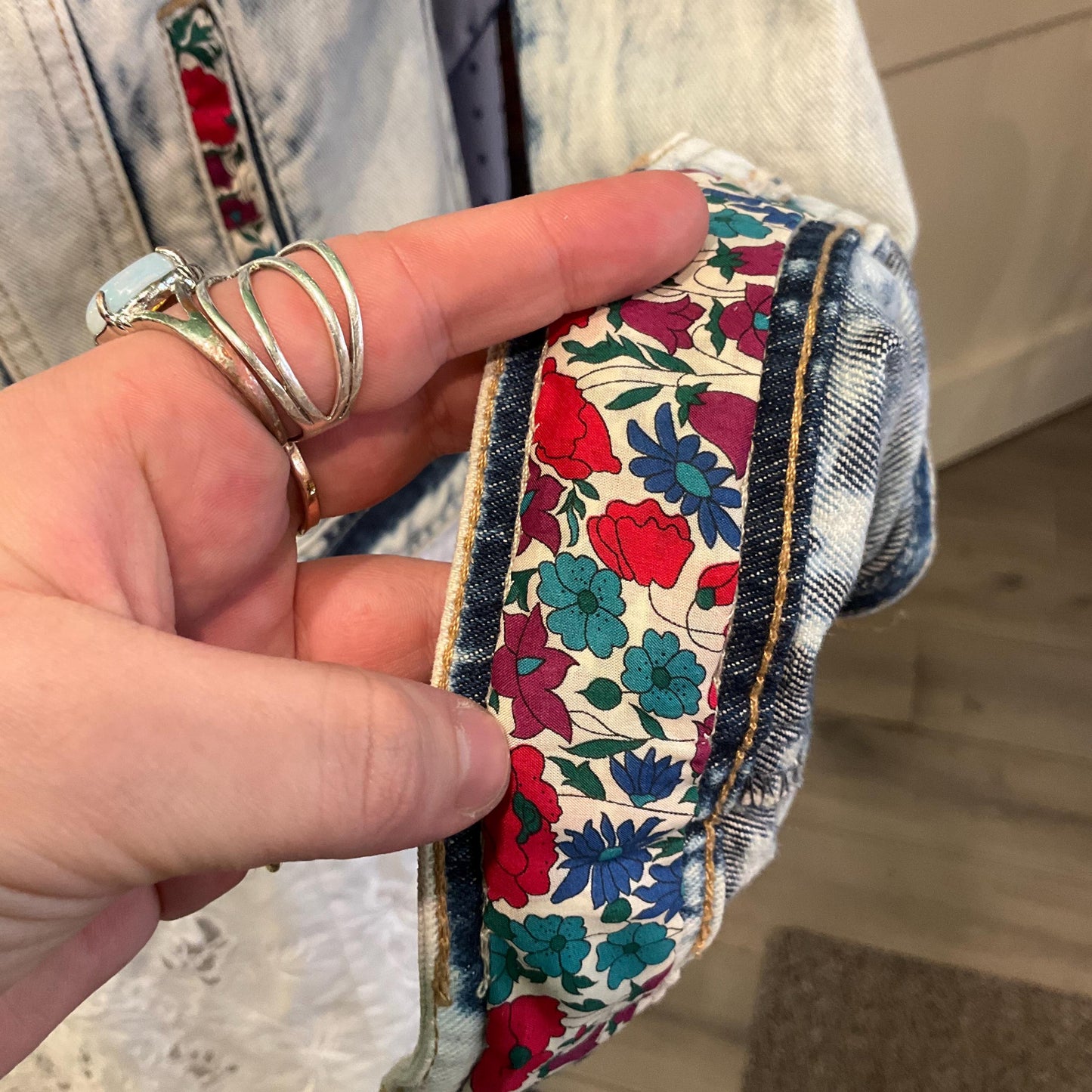 Up- cycled Unique Vintage Distressed Denim Jacket with Liberty’Poppy and Daisy’ Tana Lawn, Size UK 10