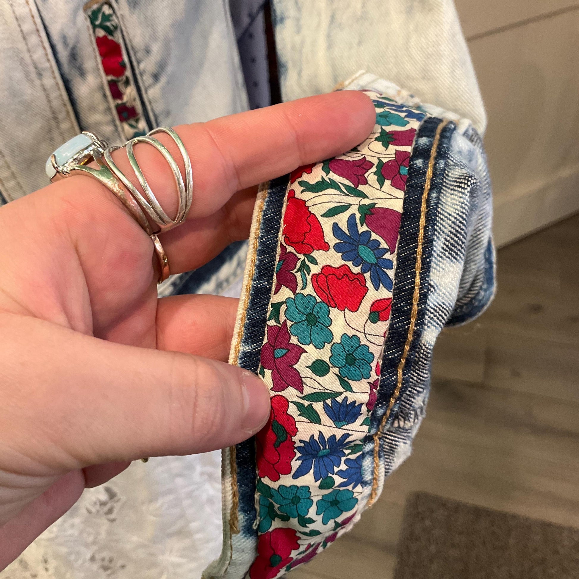 Up- cycled Unique Vintage Distressed Denim Jacket with Liberty’Poppy and Daisy’ Tana Lawn, Size UK 10