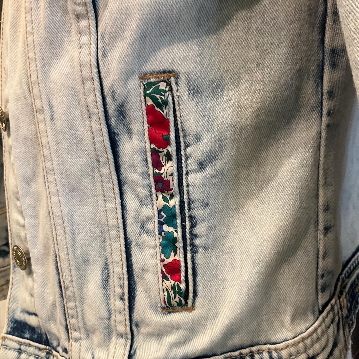 Up- cycled Unique Vintage Distressed Denim Jacket with Liberty’Poppy and Daisy’ Tana Lawn, Size UK 10