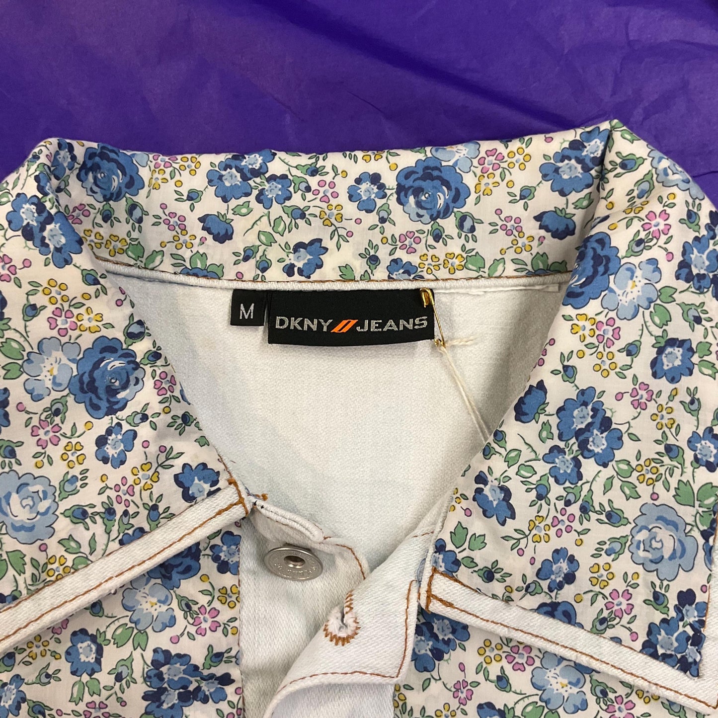 Up- cycled Unique Vintage DKNY JEANS White/Palest Blue Denim Gillet with LIBERTY ‘Felicite’ Tana Lawn, Size M