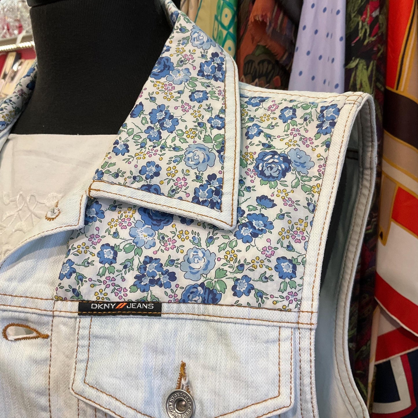 Up- cycled Unique Vintage DKNY JEANS White/Palest Blue Denim Gillet with LIBERTY ‘Felicite’ Tana Lawn, Size M