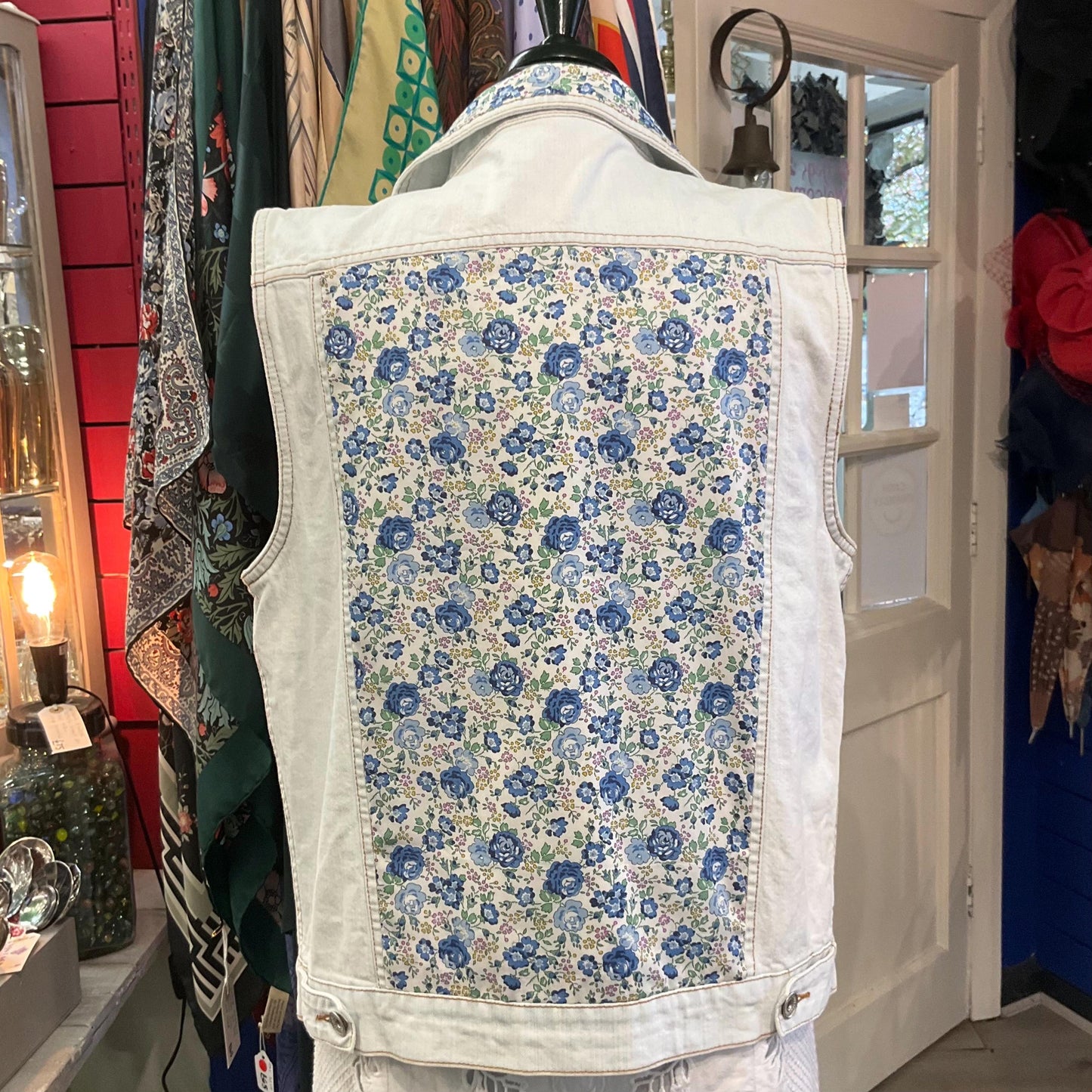 Up- cycled Unique Vintage DKNY JEANS White/Palest Blue Denim Gillet with LIBERTY ‘Felicite’ Tana Lawn, Size M