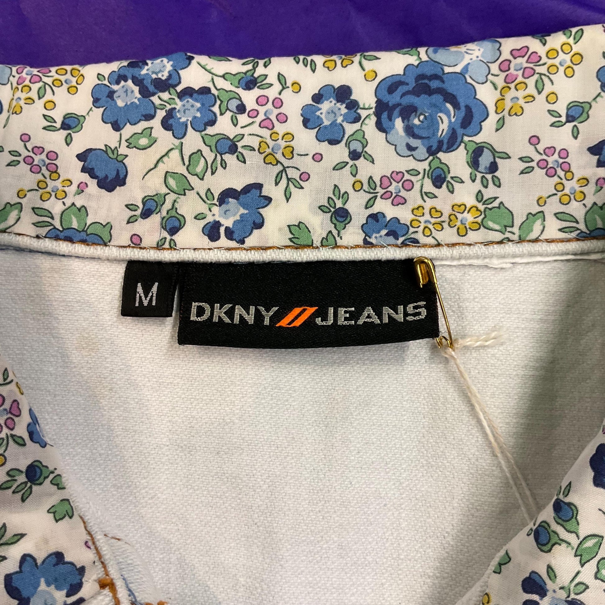 Up- cycled Unique Vintage DKNY JEANS White/Palest Blue Denim Gillet with LIBERTY ‘Felicite’ Tana Lawn, Size M