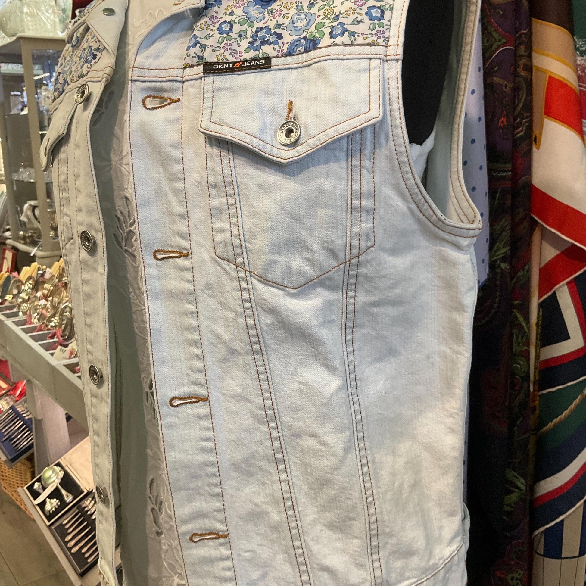 Up- cycled Unique Vintage DKNY JEANS White/Palest Blue Denim Gillet with LIBERTY ‘Felicite’ Tana Lawn, Size M