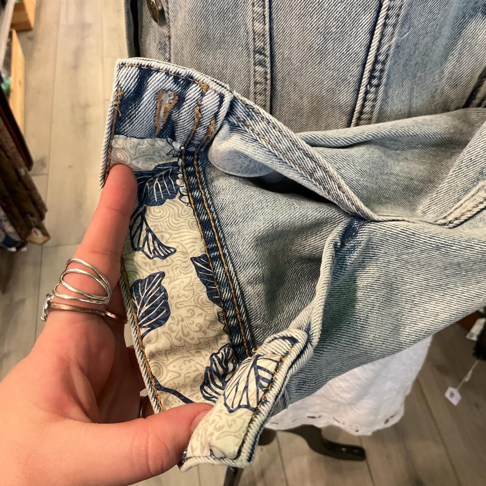 Up- cycled Unique Vintage Longline Denim Jacket with LIBERTY ‘Honduras’ Tana Lawn, Size UK 12/14