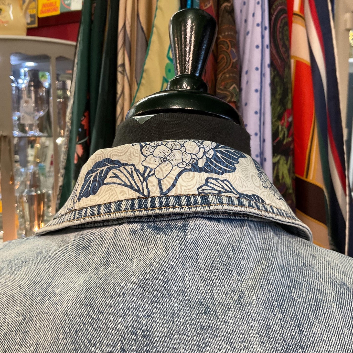 Up- cycled Unique Vintage Longline Denim Jacket with LIBERTY ‘Honduras’ Tana Lawn, Size UK 12/14