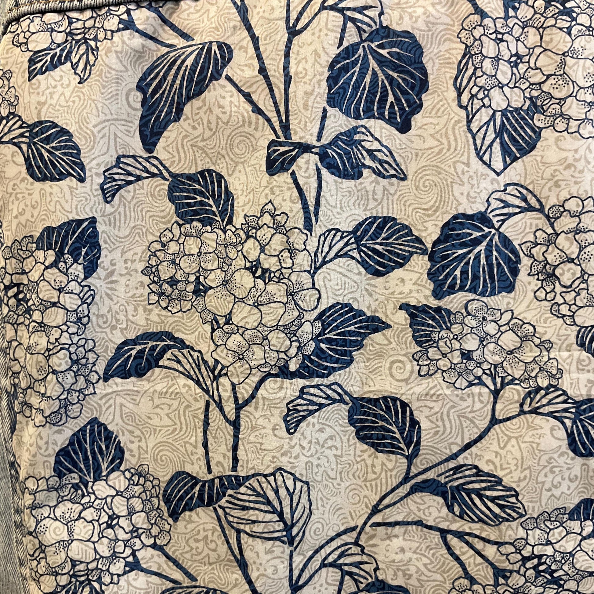 Up- cycled Unique Vintage Longline Denim Jacket with LIBERTY ‘Honduras’ Tana Lawn, Size UK 12/14