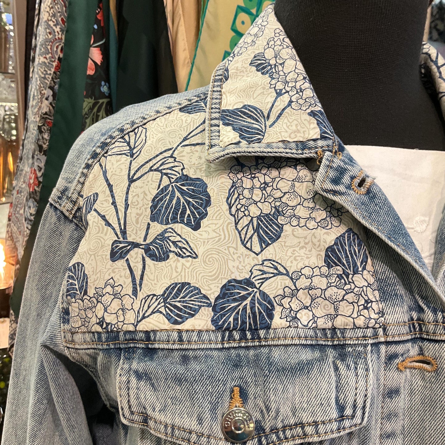 Up- cycled Unique Vintage Longline Denim Jacket with LIBERTY ‘Honduras’ Tana Lawn, Size UK 12/14