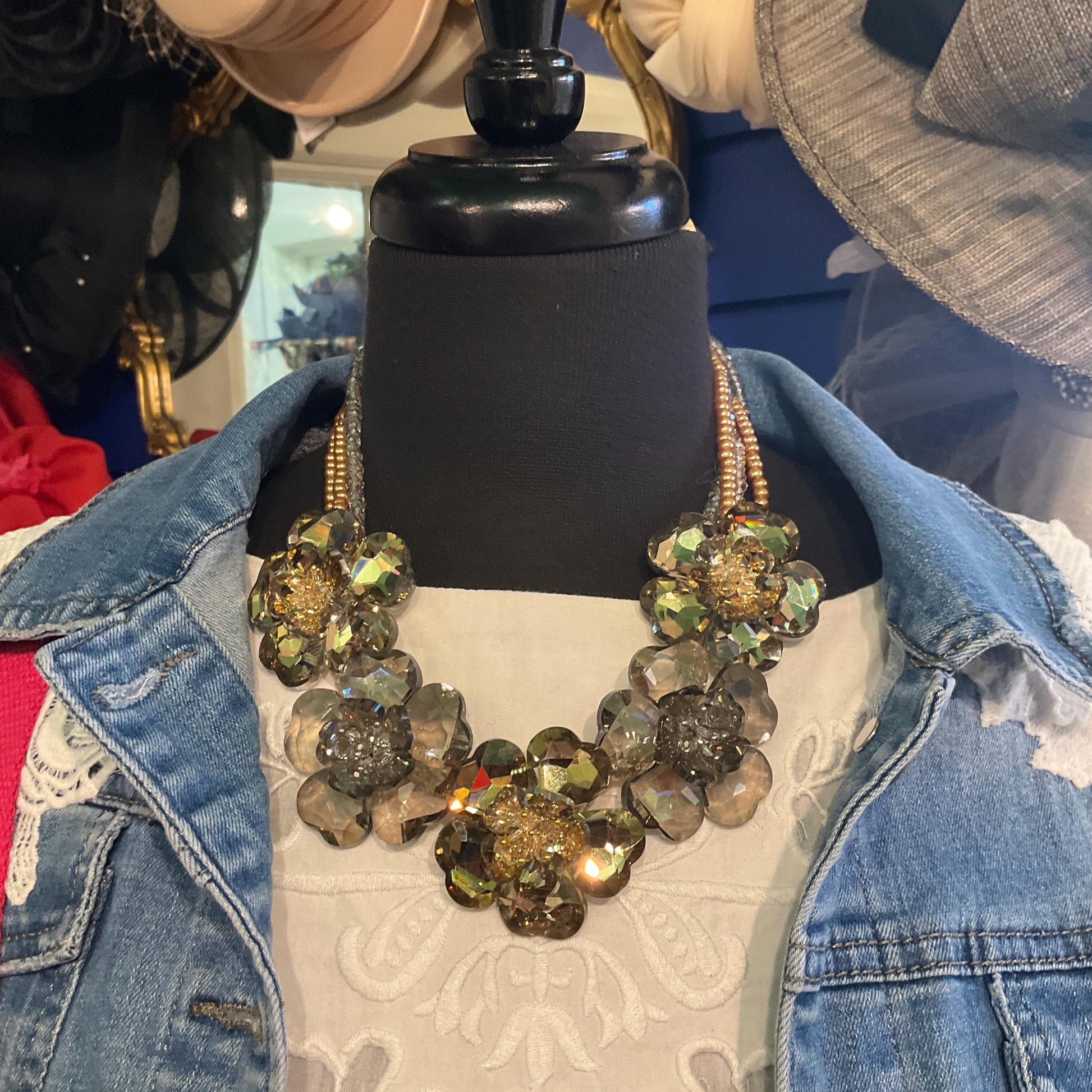 Vintage Butler and Wilson Gold and Silver Crystal Floral Statement Necklace, Mulitiple faceted crystal and faux pearl strands