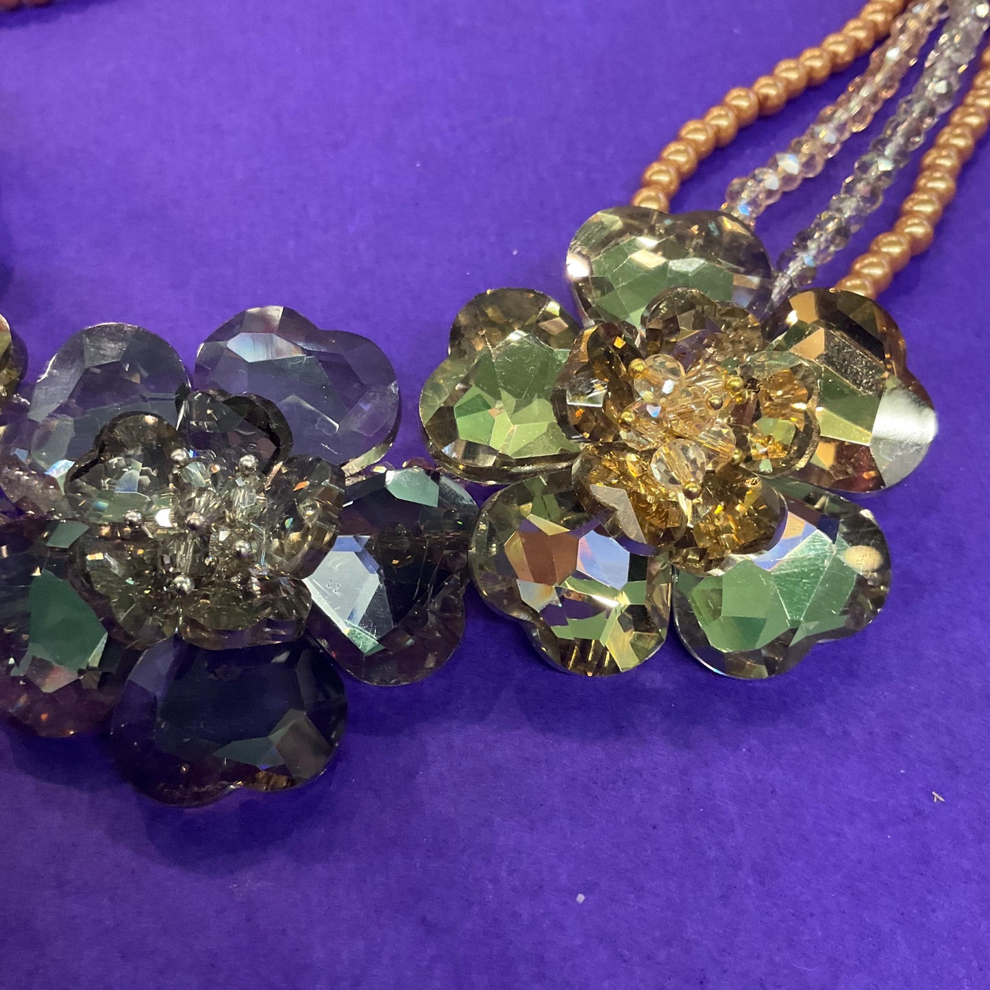 Vintage Butler and Wilson Gold and Silver Crystal Floral Statement Necklace, Mulitiple faceted crystal and faux pearl strands