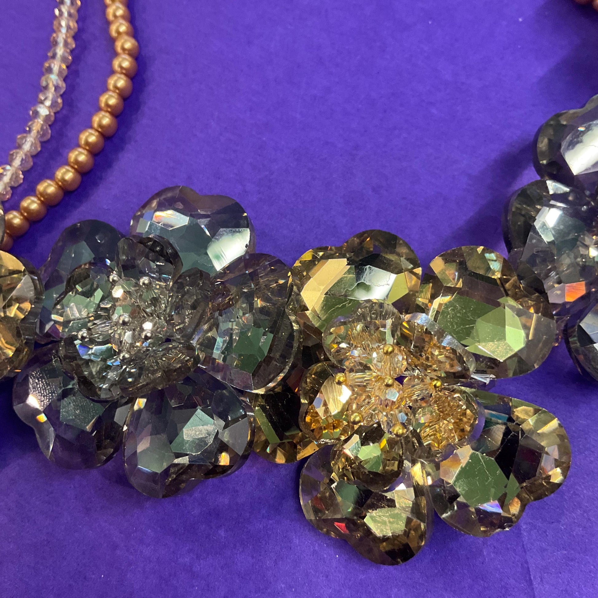 Vintage Butler and Wilson Gold and Silver Crystal Floral Statement Necklace, Mulitiple faceted crystal and faux pearl strands