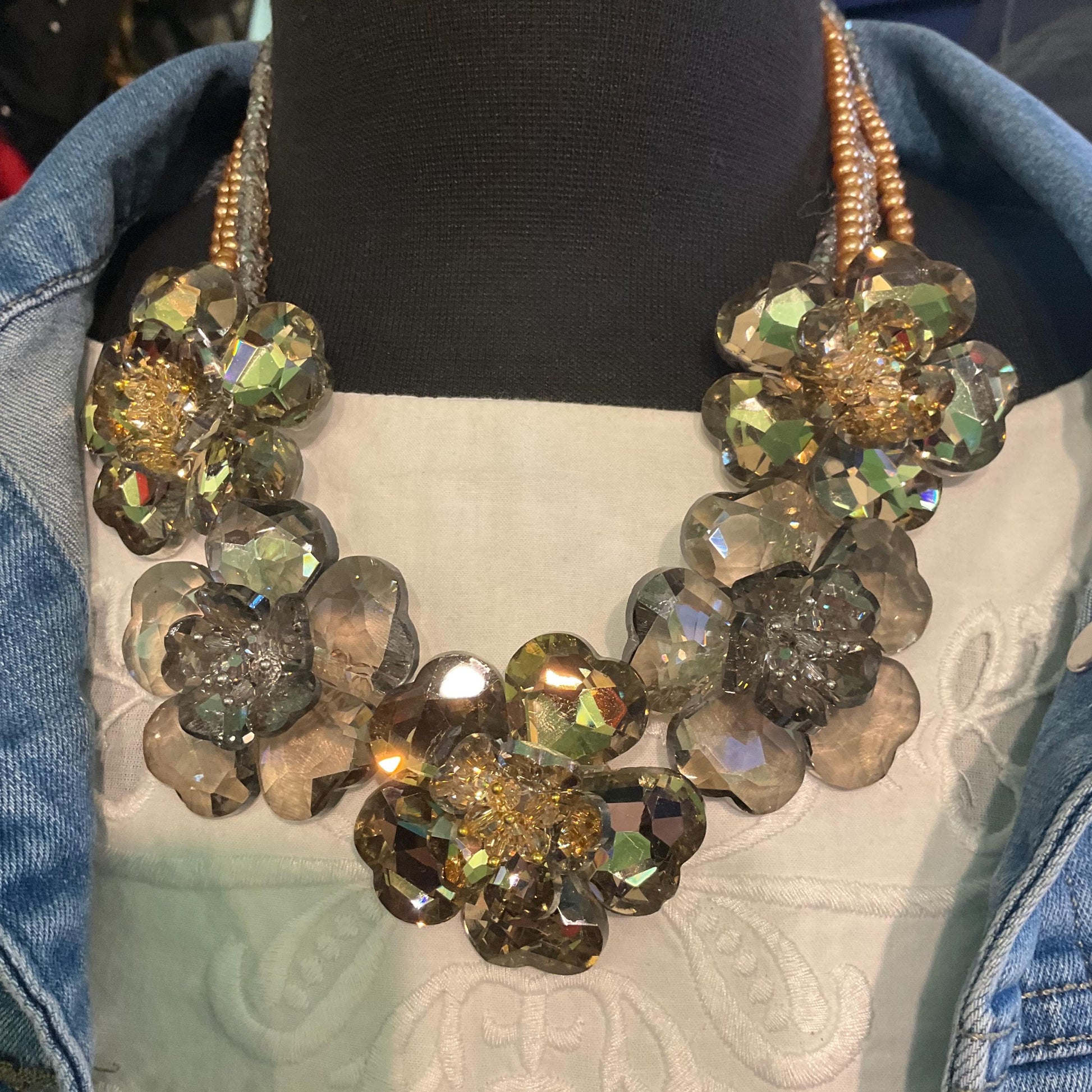 Vintage Butler and Wilson Gold and Silver Crystal Floral Statement Necklace, Mulitiple faceted crystal and faux pearl strands