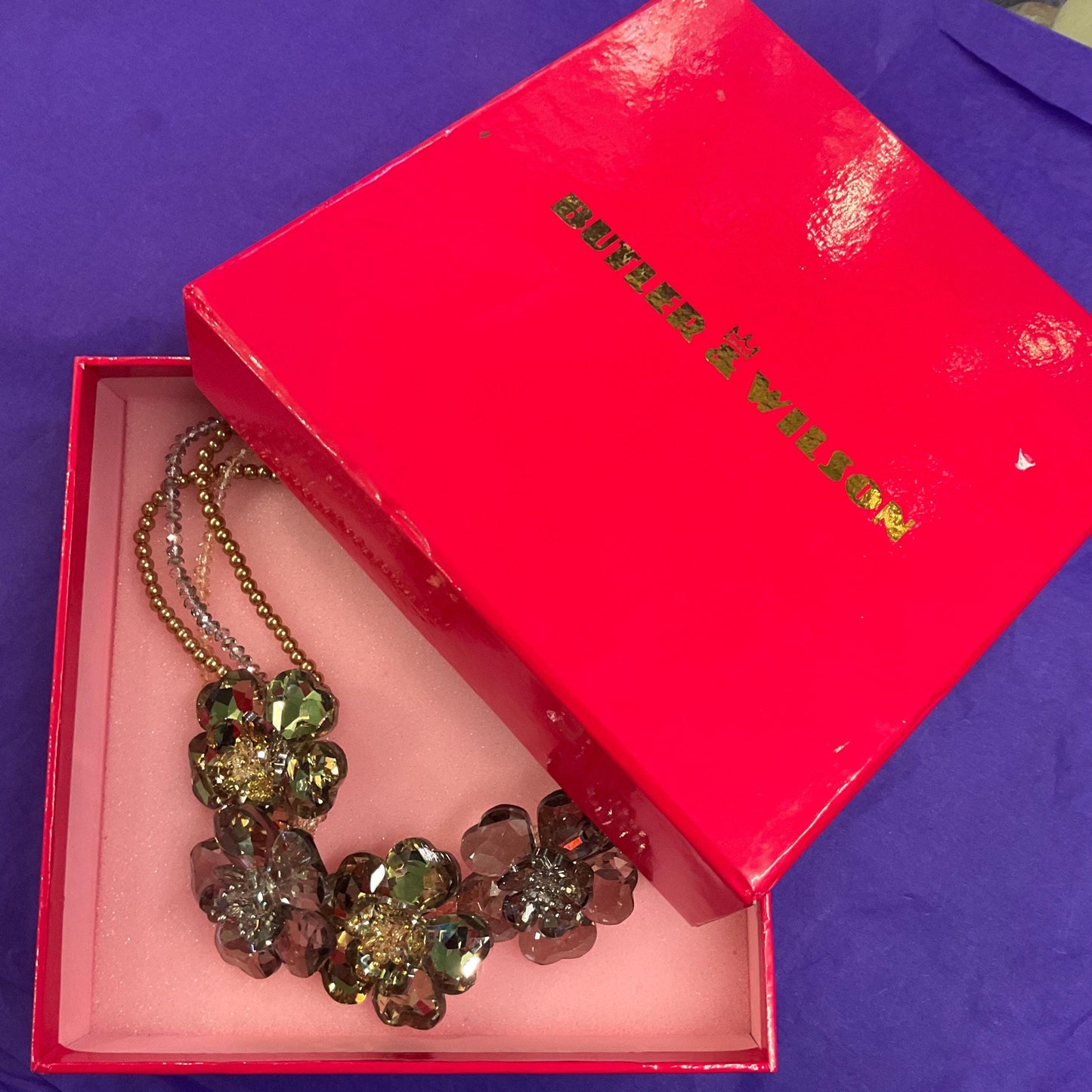 Vintage Butler and Wilson Gold and Silver Crystal Floral Statement Necklace, Mulitiple faceted crystal and faux pearl strands