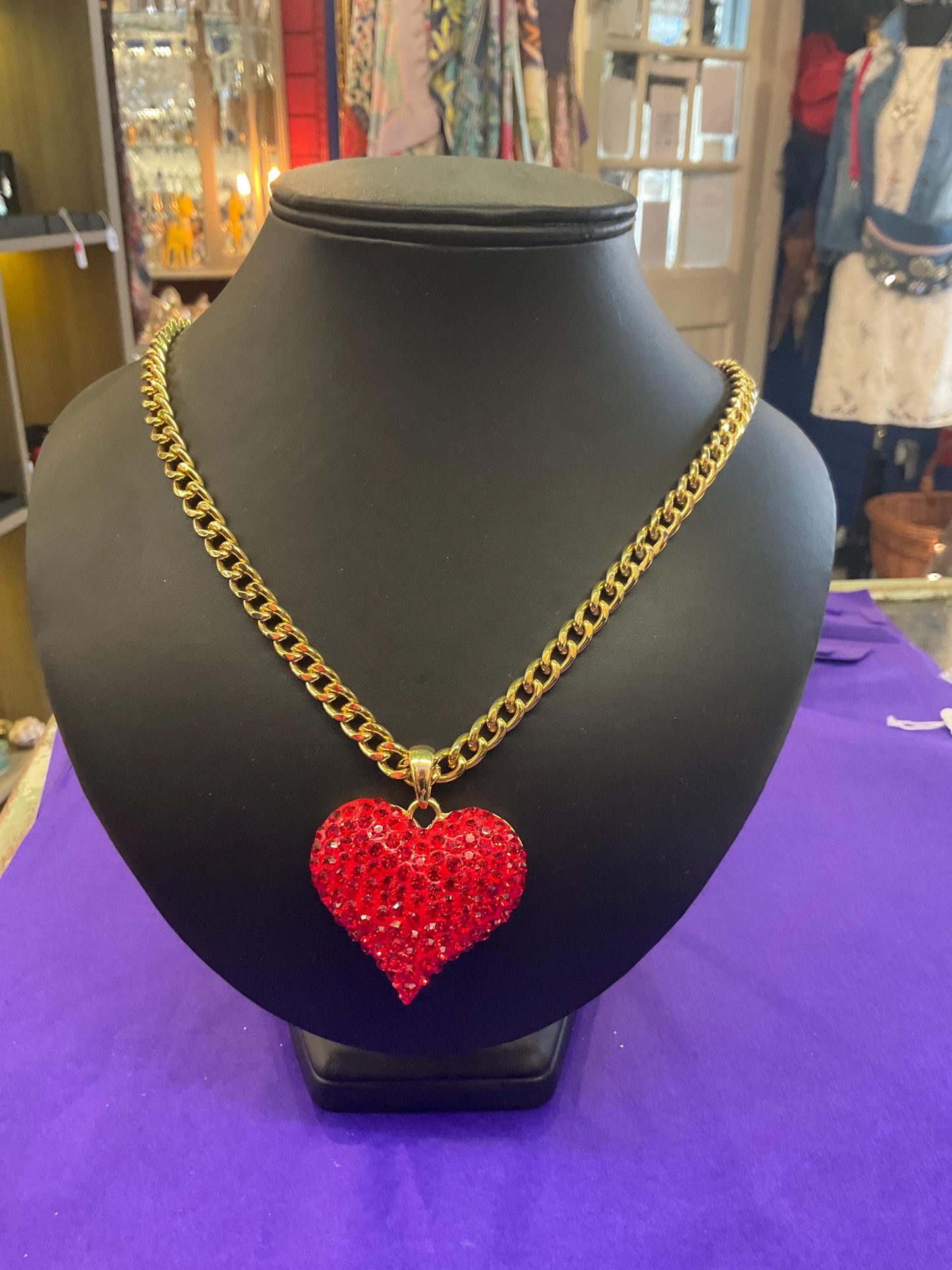 Vintage Butler and Wilson Red Crystal Heart Long Pendant, Gold Tone with Rhinestone Crystals and Curb Chain