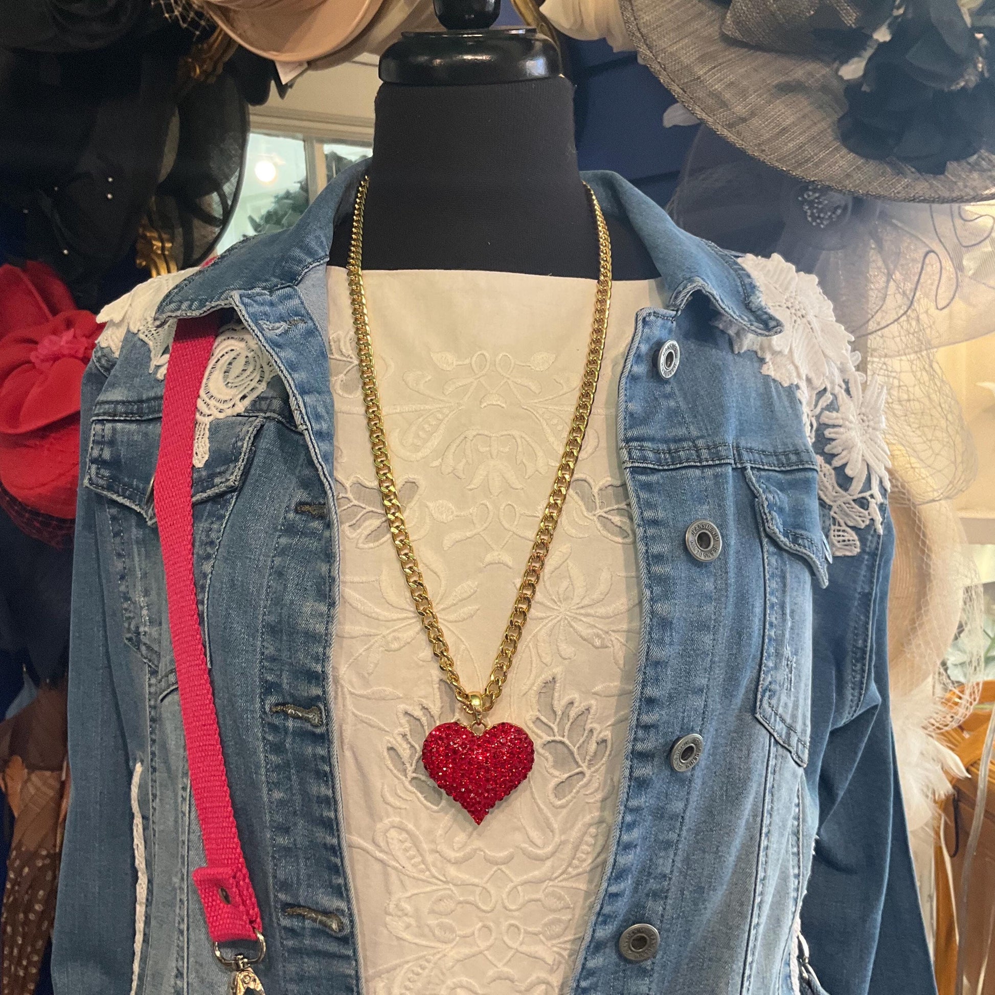 Vintage Butler and Wilson Red Crystal Heart Long Pendant, Gold Tone with Rhinestone Crystals and Curb Chain