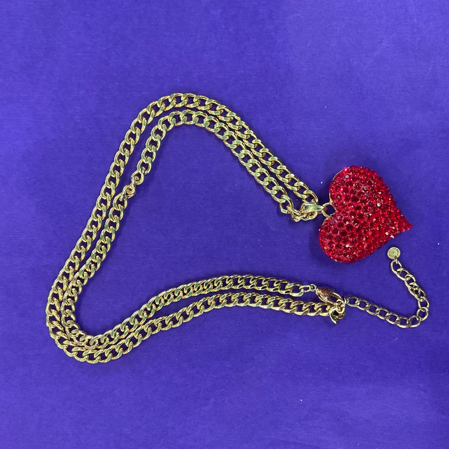 Vintage Butler and Wilson Red Crystal Heart Long Pendant, Gold Tone with Rhinestone Crystals and Curb Chain